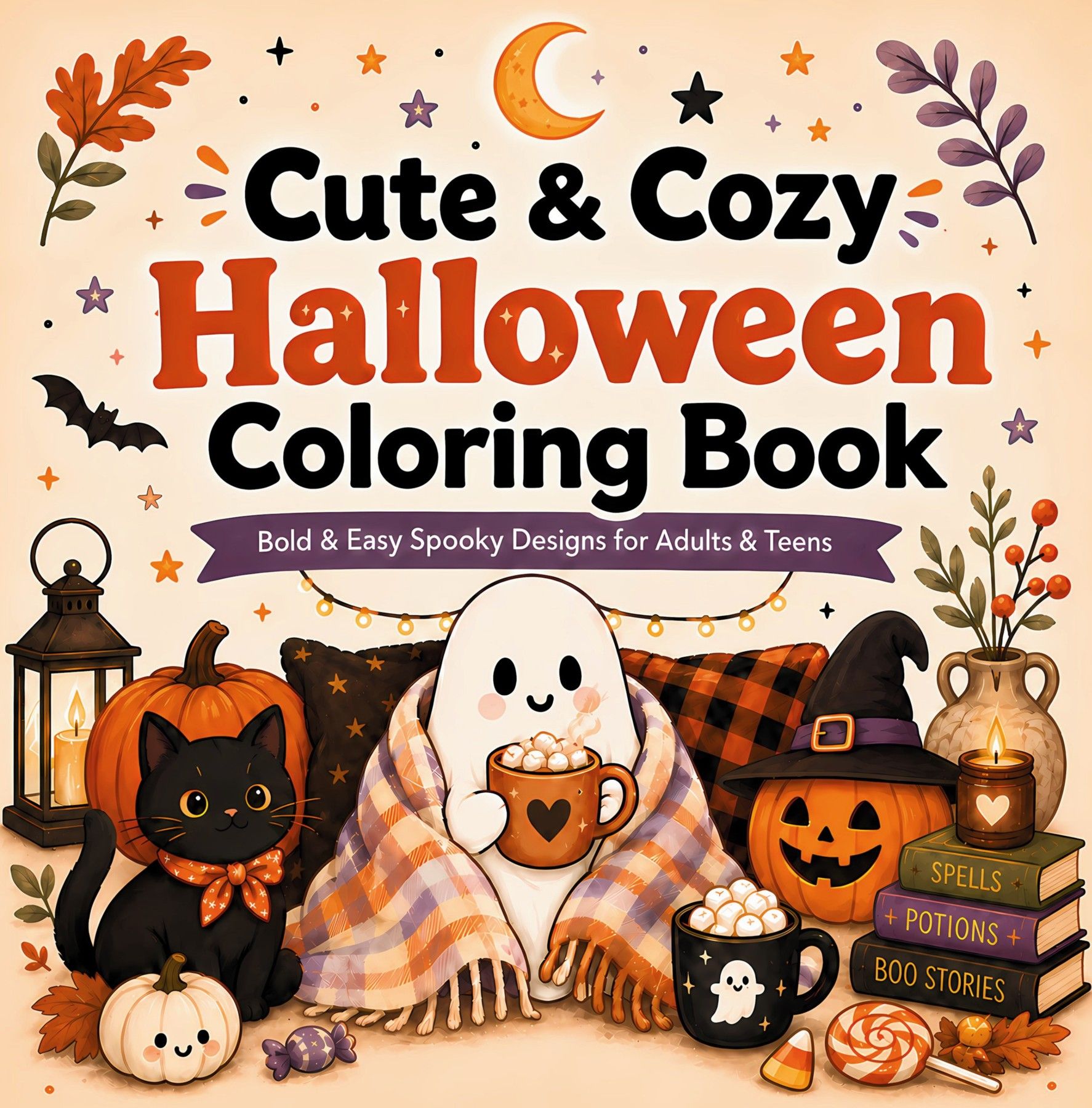 Front cover of Cute & Cozy Halloween Coloring Book