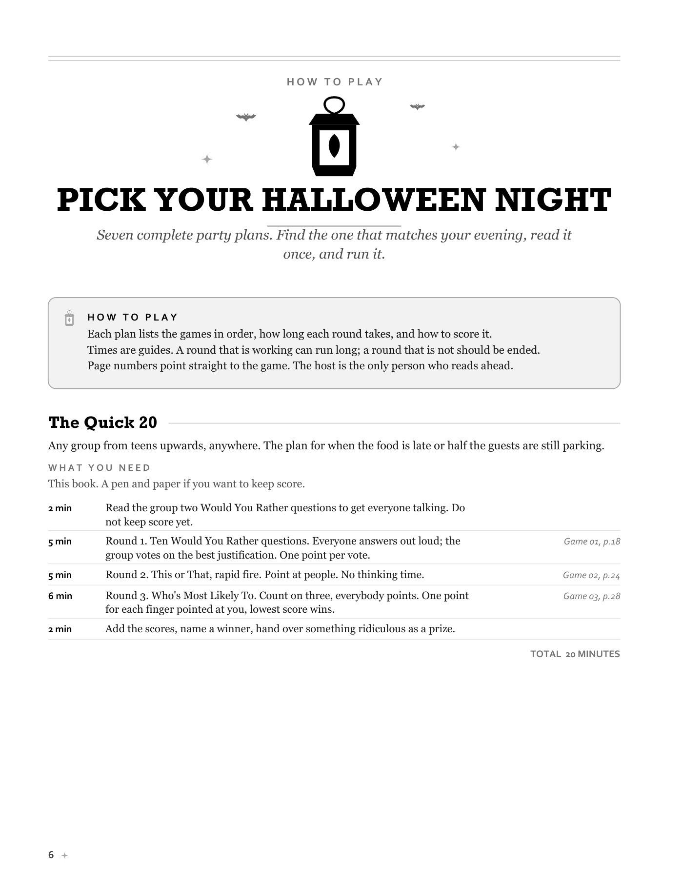 “Pick your Halloween night” page introducing seven party plans, starting with the Quick 20 — a timed run of games for any group from teens up.