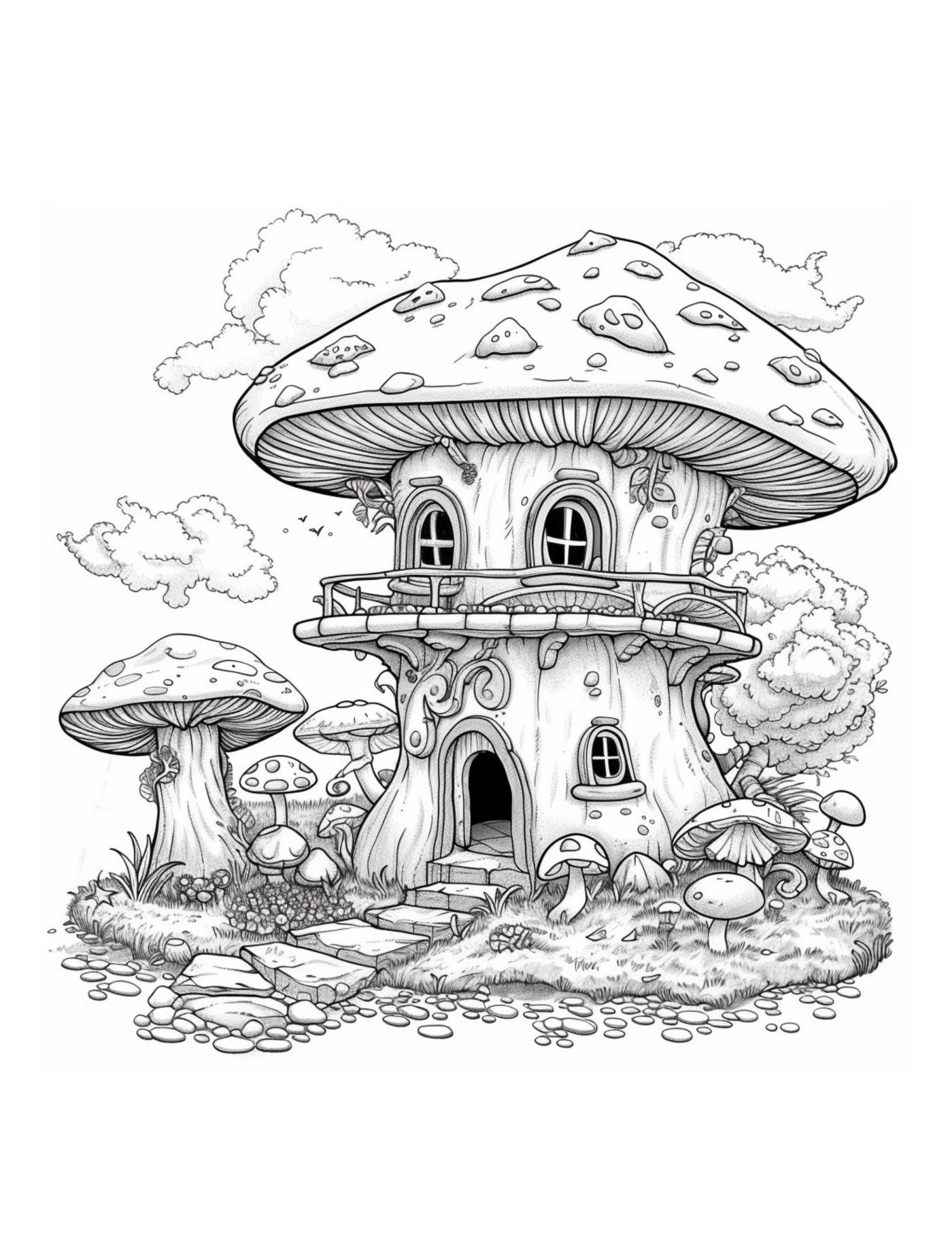 A detailed mushroom house with a balcony and arched windows on a grassy island under soft clouds.