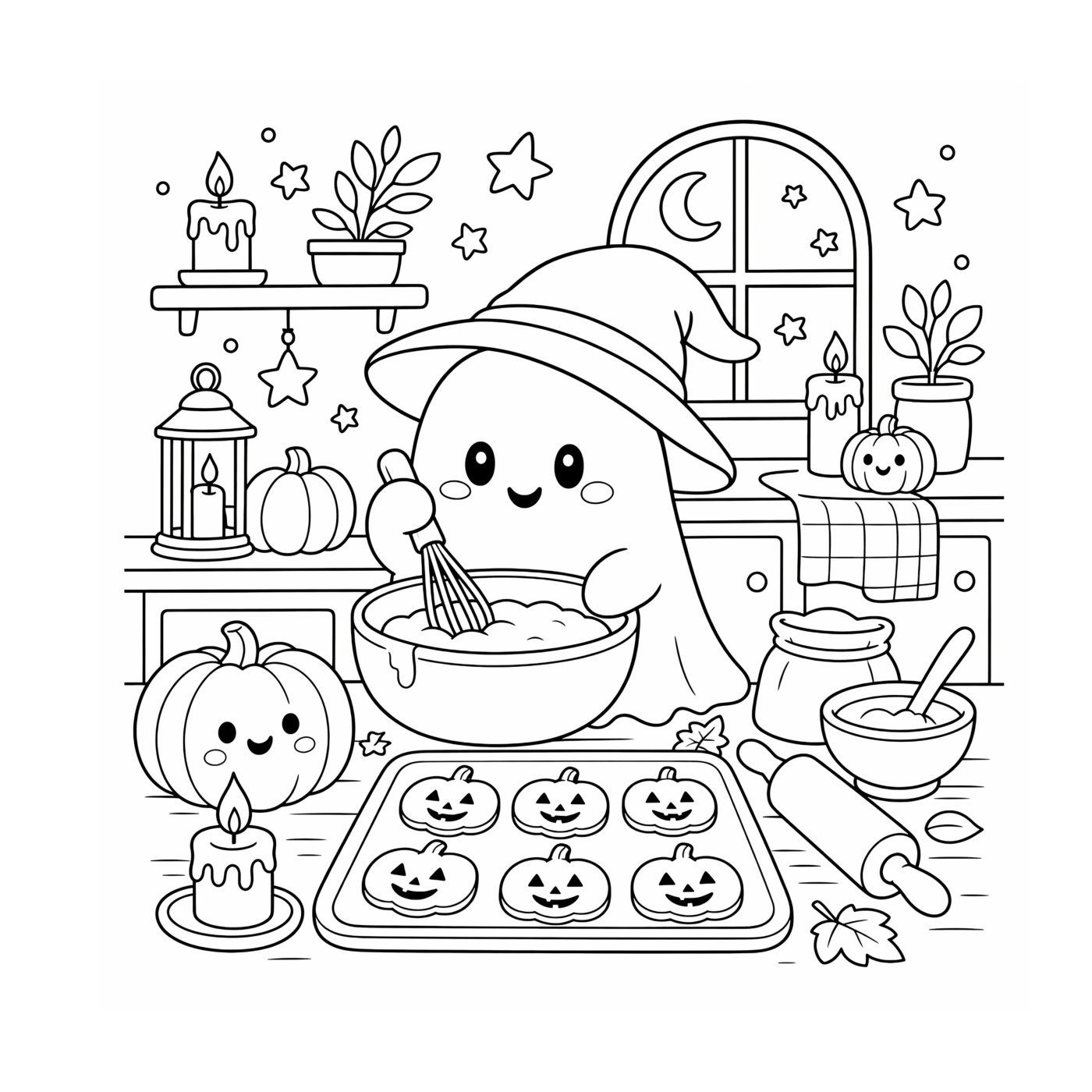 A smiling ghost in a witch hat whisks batter in a kitchen, with pumpkin cookies on a tray and candles on the shelf.