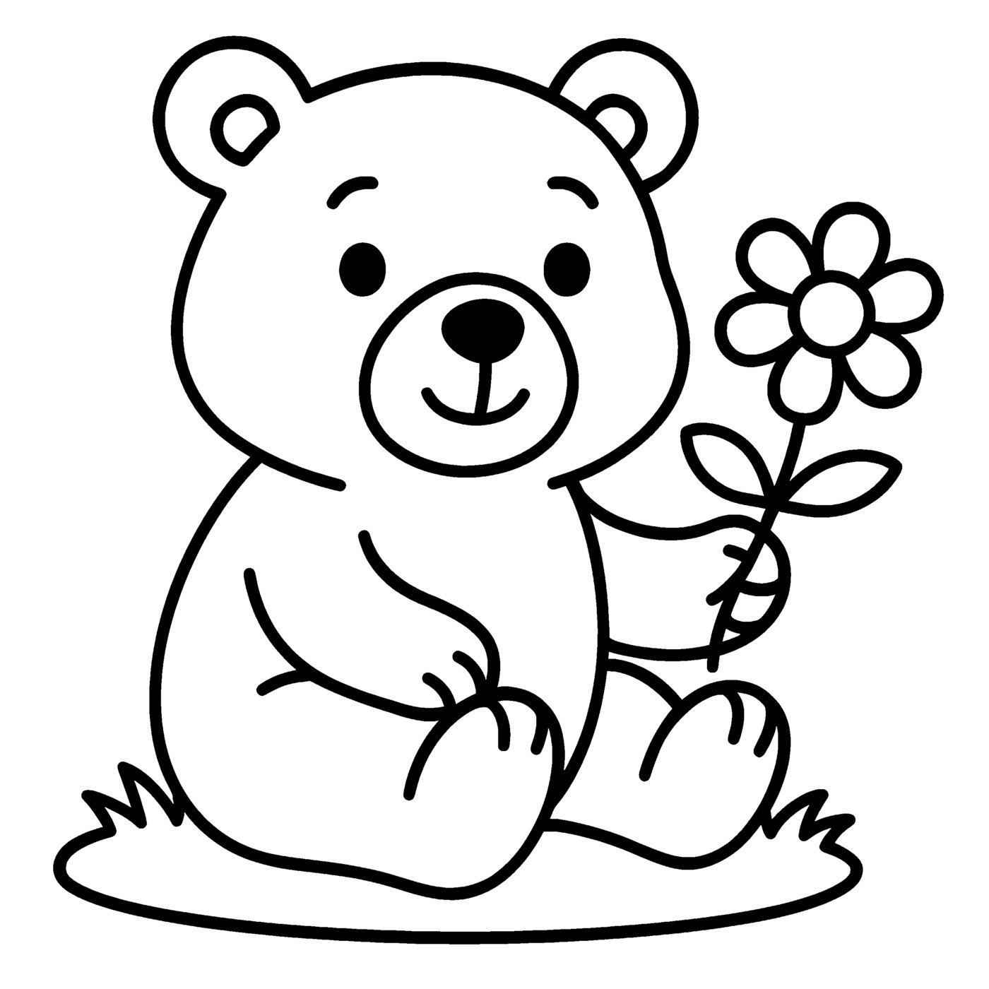 A teddy bear sitting on the grass holding a flower, drawn with thick simple outlines.