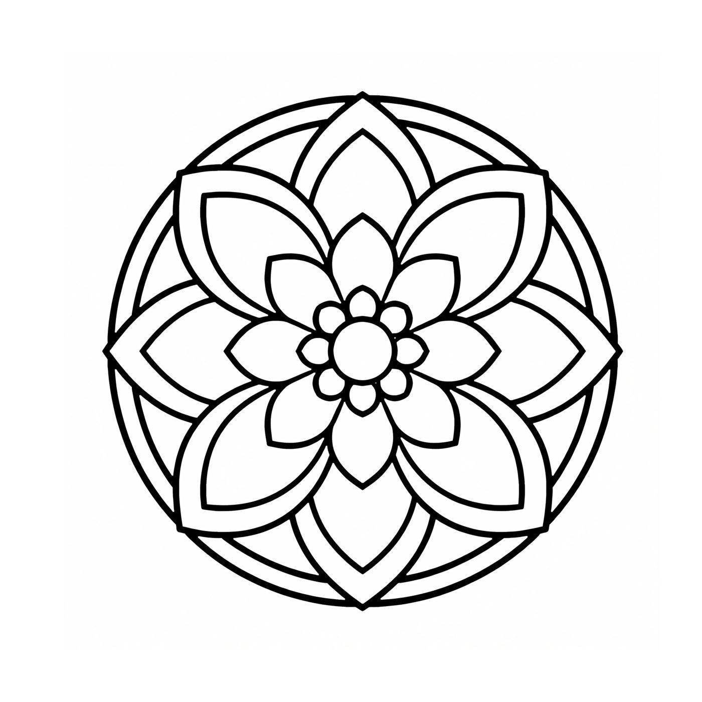 A large-print mandala of layered pointed petals inside a circular border.