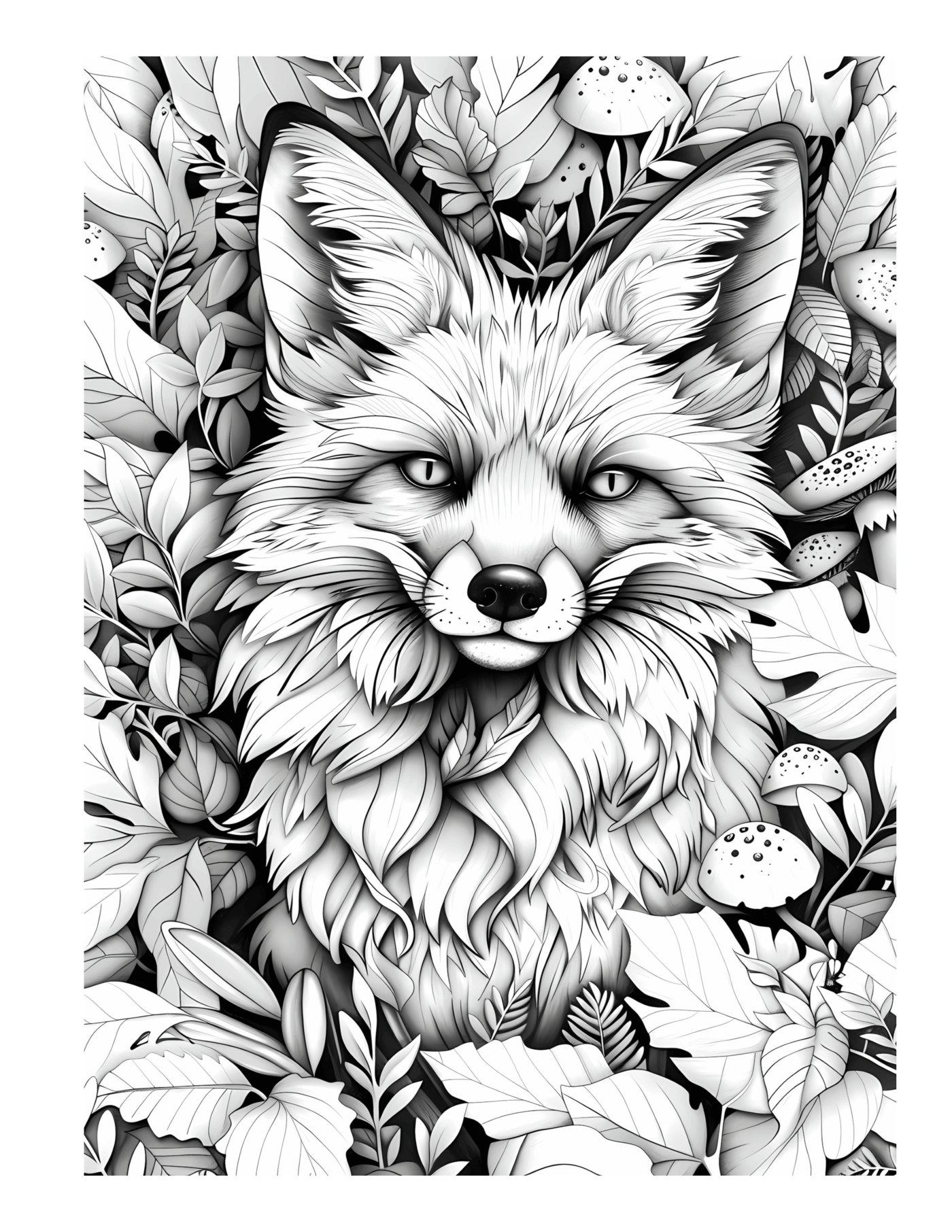 A detailed fox's face peering out of dense leaves and tiny mushrooms.