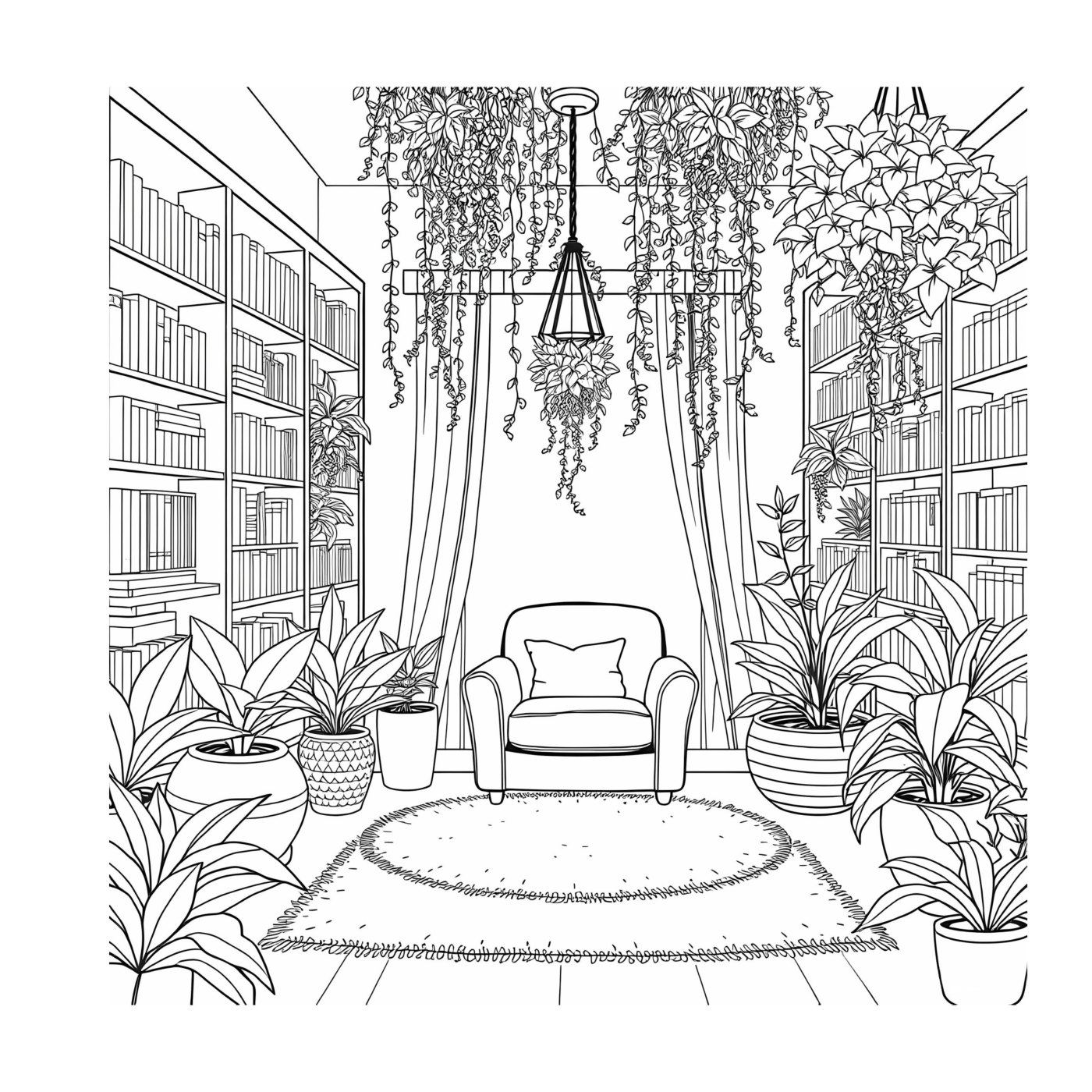 A reading room lined with bookshelves and hanging plants, with an armchair on a round rug.