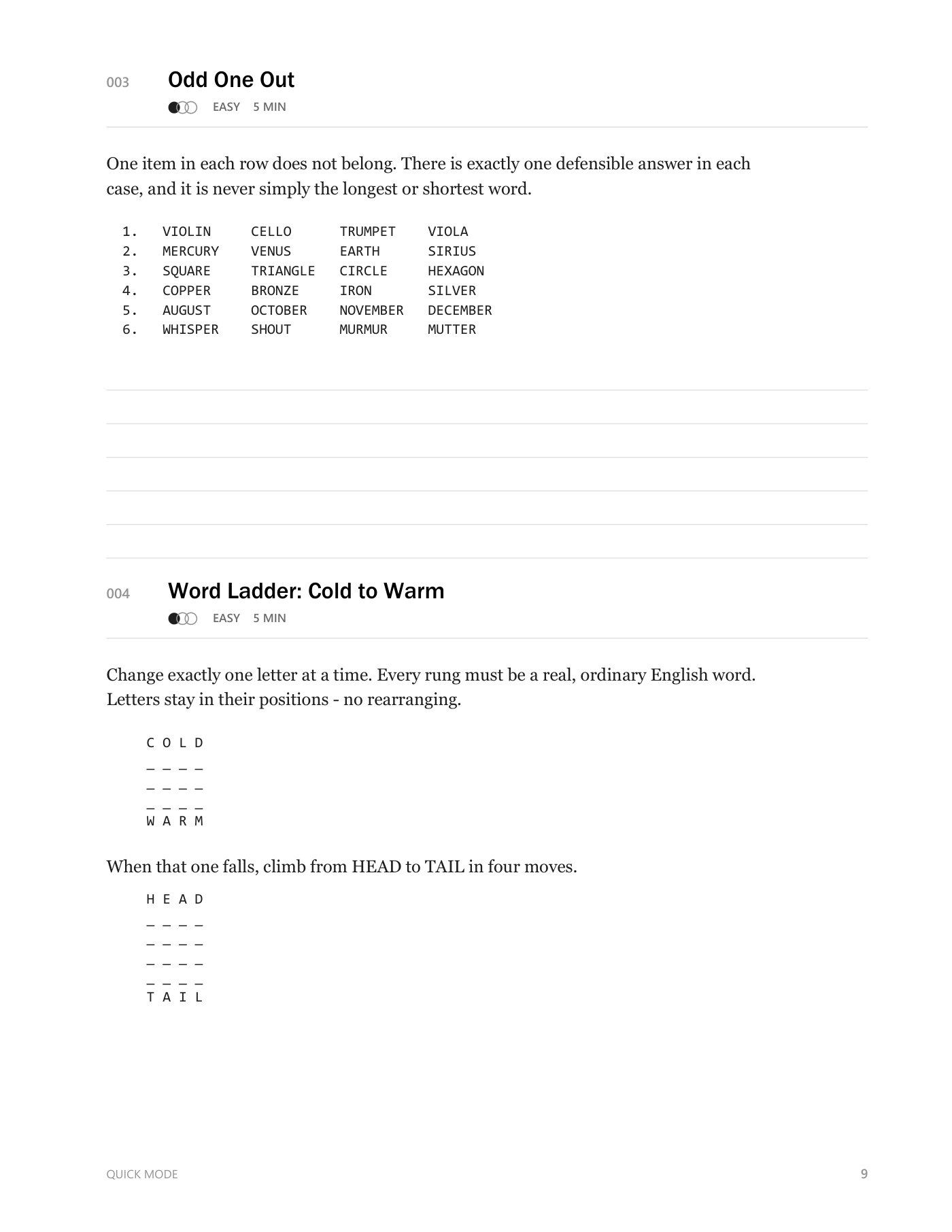 Quick Mode page with two five-minute puzzles: Odd One Out word rows and a Cold-to-Warm word ladder.