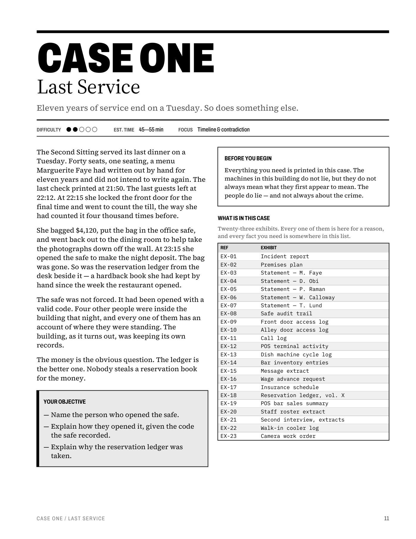 Case One, Last Service: the case briefing for a restaurant safe theft, with difficulty rating, objectives and a list of 23 exhibits.