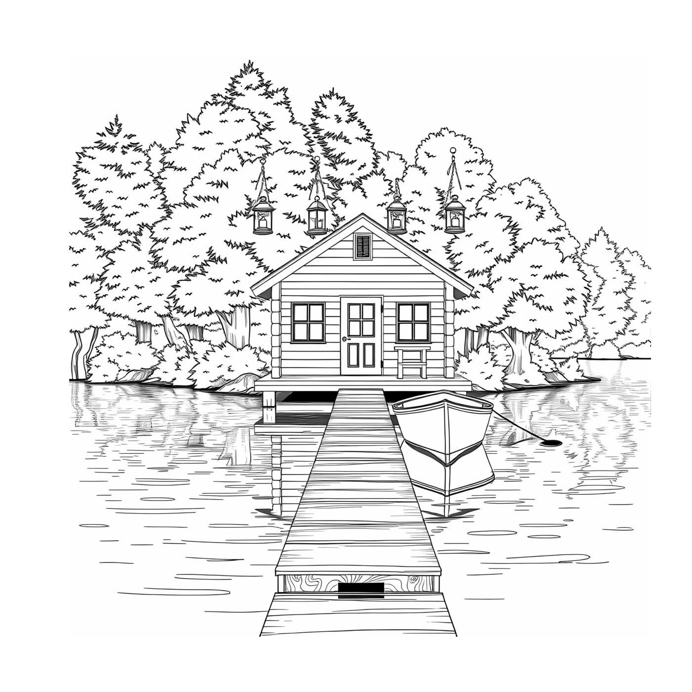 A small lake house at the end of a long wooden dock with a rowboat and trees behind.