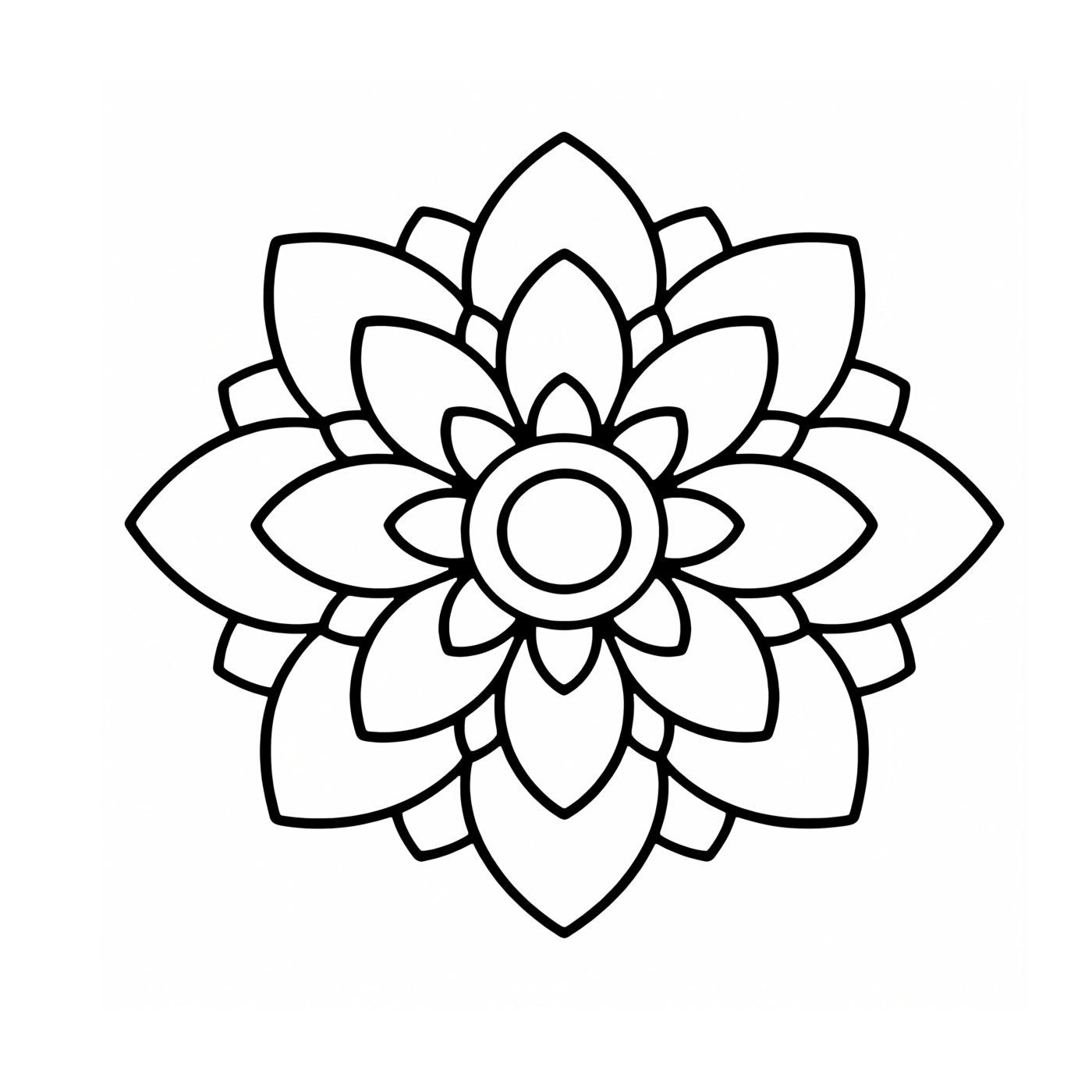 An open flower mandala with two rings of broad petals around a round center.
