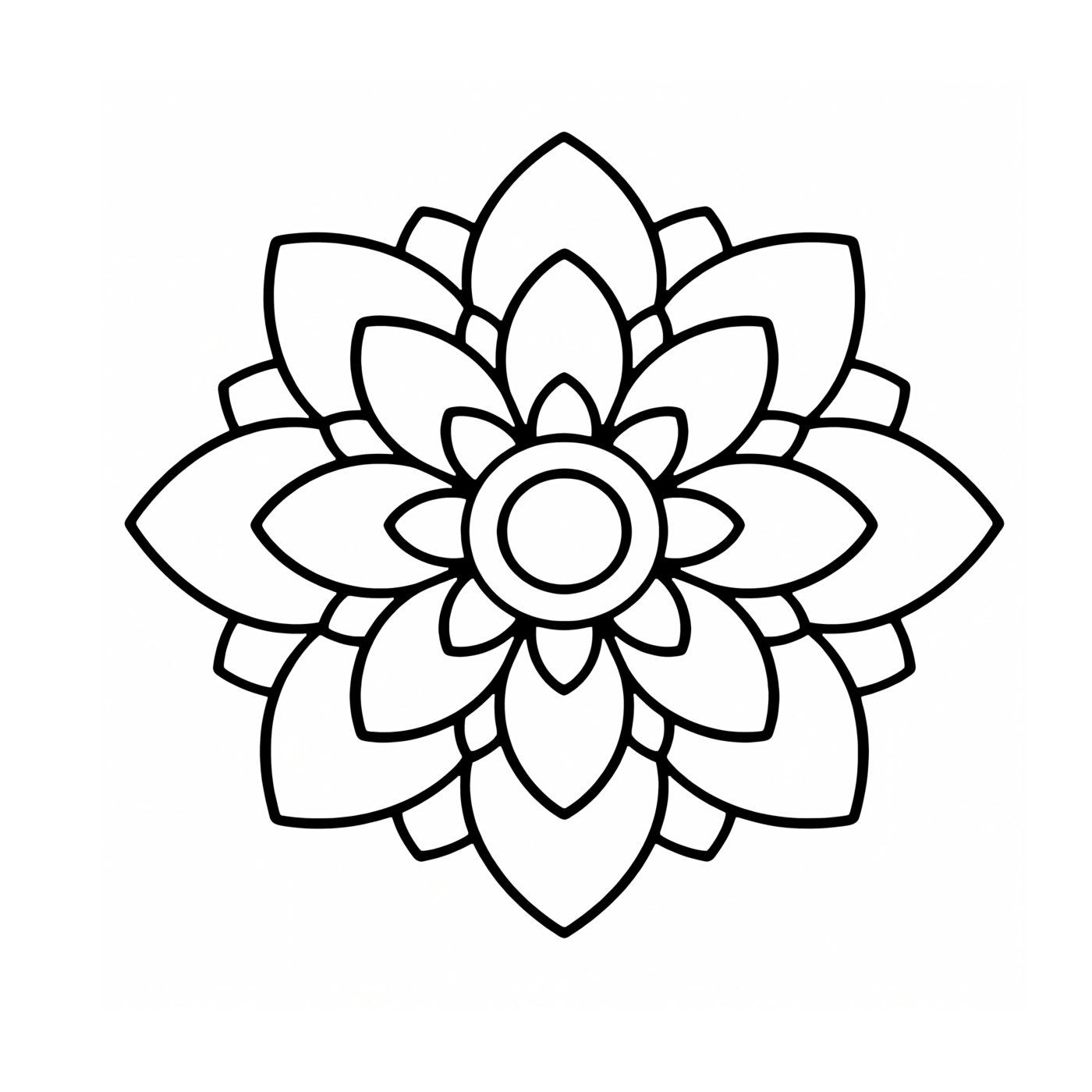An open flower mandala with two rings of broad petals around a round center.
