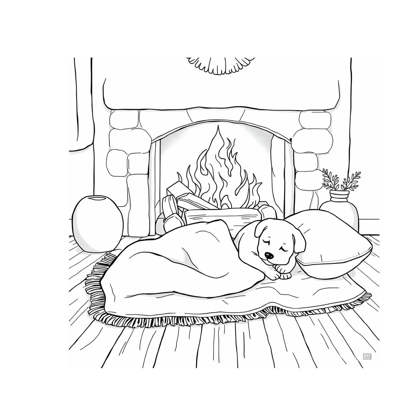 A puppy asleep under a blanket on cushions in front of a stone fireplace.