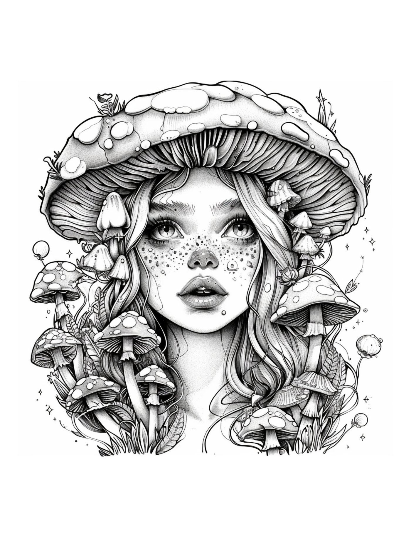 A freckled woman's portrait framed by a giant mushroom cap and clusters of smaller mushrooms in her hair.