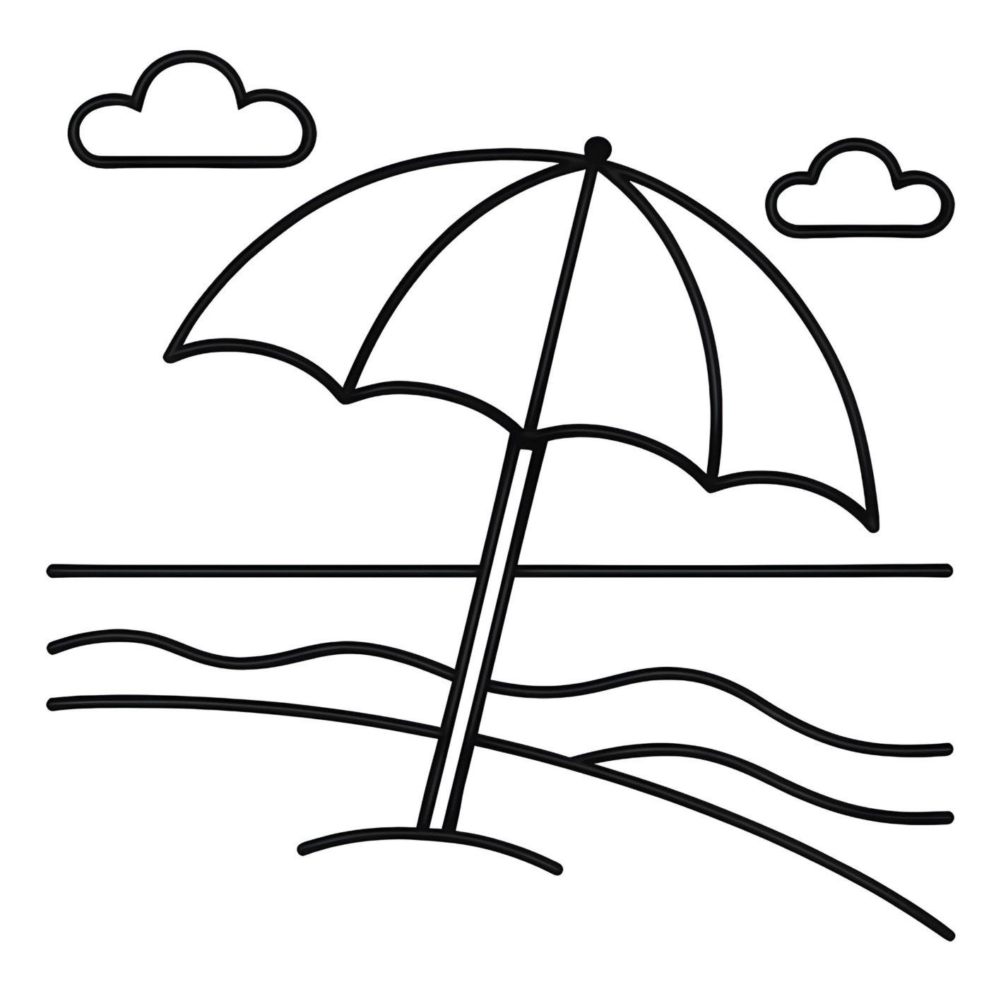 A beach umbrella planted in the sand beside gentle waves and two clouds.