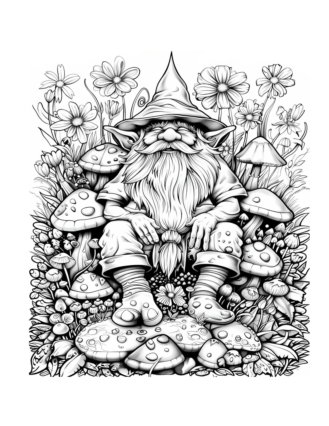 A bearded gnome sitting on a bed of spotted mushrooms surrounded by flowers.