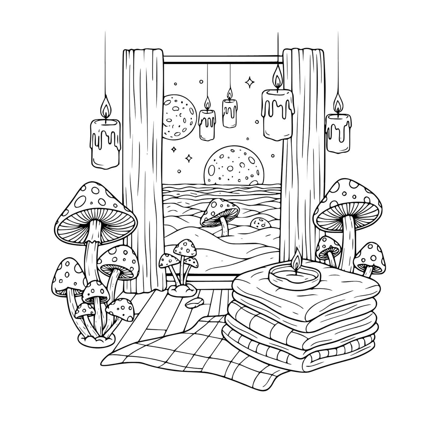 A window open onto a moonlit sea, framed by curtains, hanging candles and clusters of spotted mushrooms around a folded blanket.