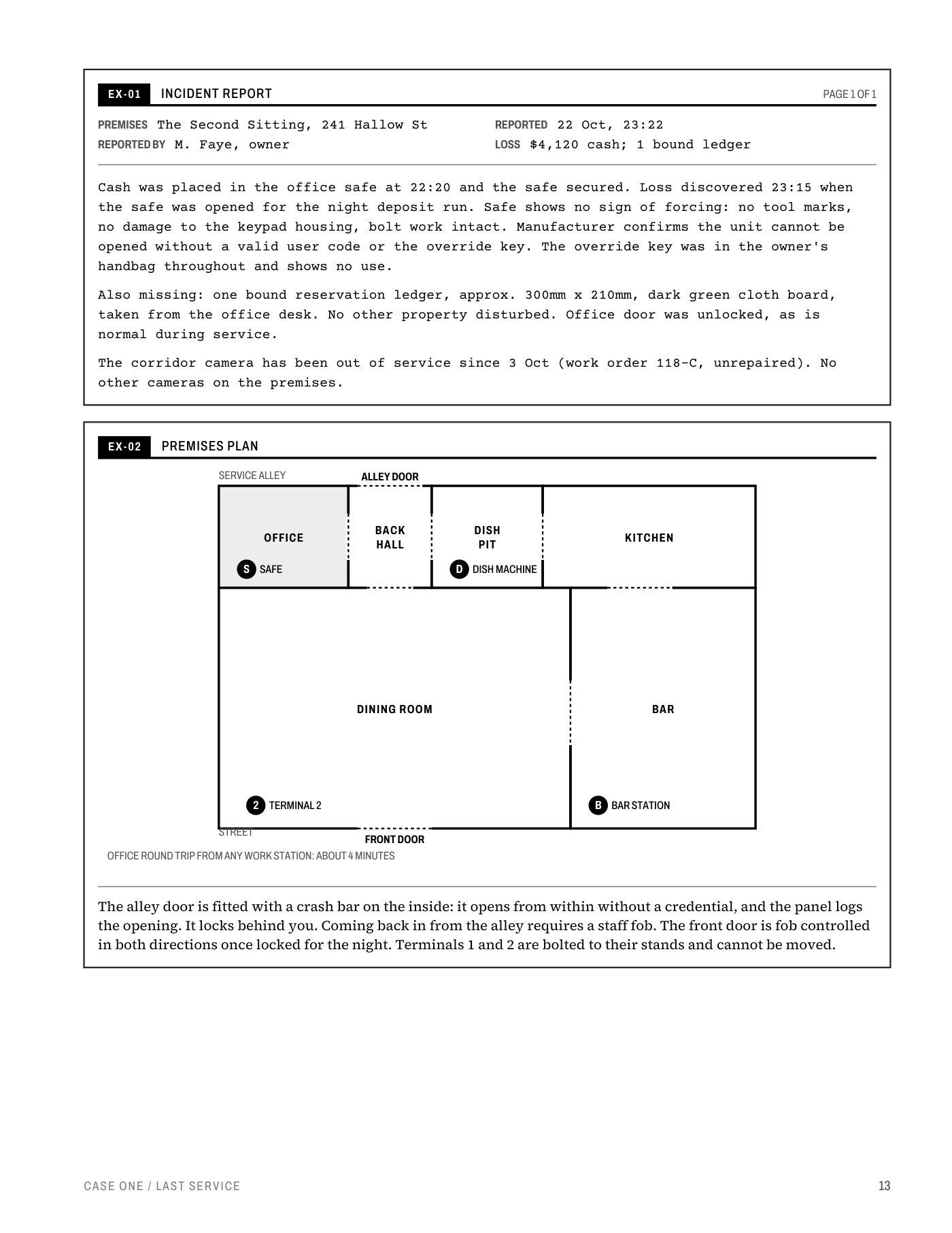 Exhibits 01 and 02: a typed incident report for the missing night deposit and a floor plan of the restaurant.