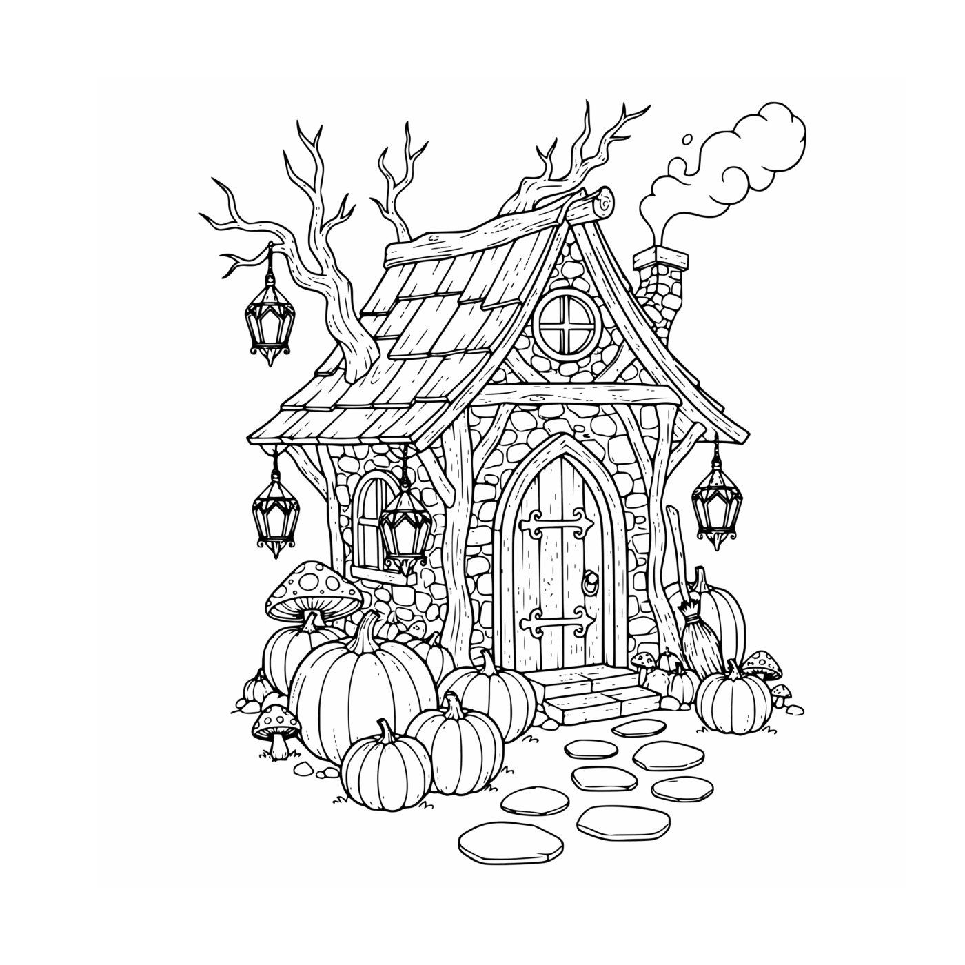 A crooked witch's cottage with a stone chimney, hanging lanterns and pumpkins along the path.