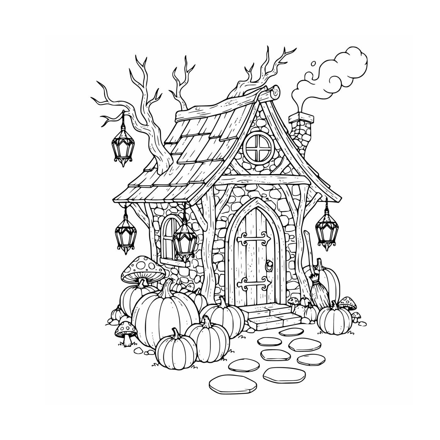 A crooked witch's cottage with a stone chimney, hanging lanterns and pumpkins along the path.