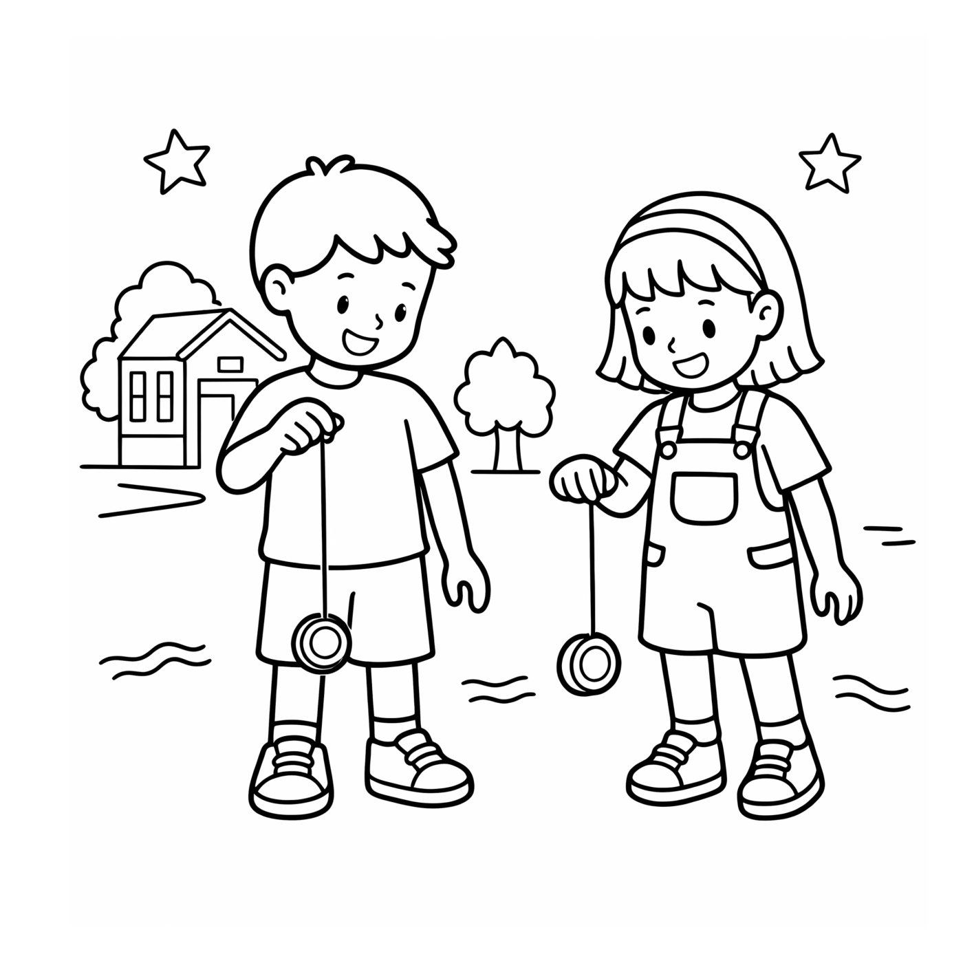 Two kids playing with yo-yos on a sunny suburban sidewalk.