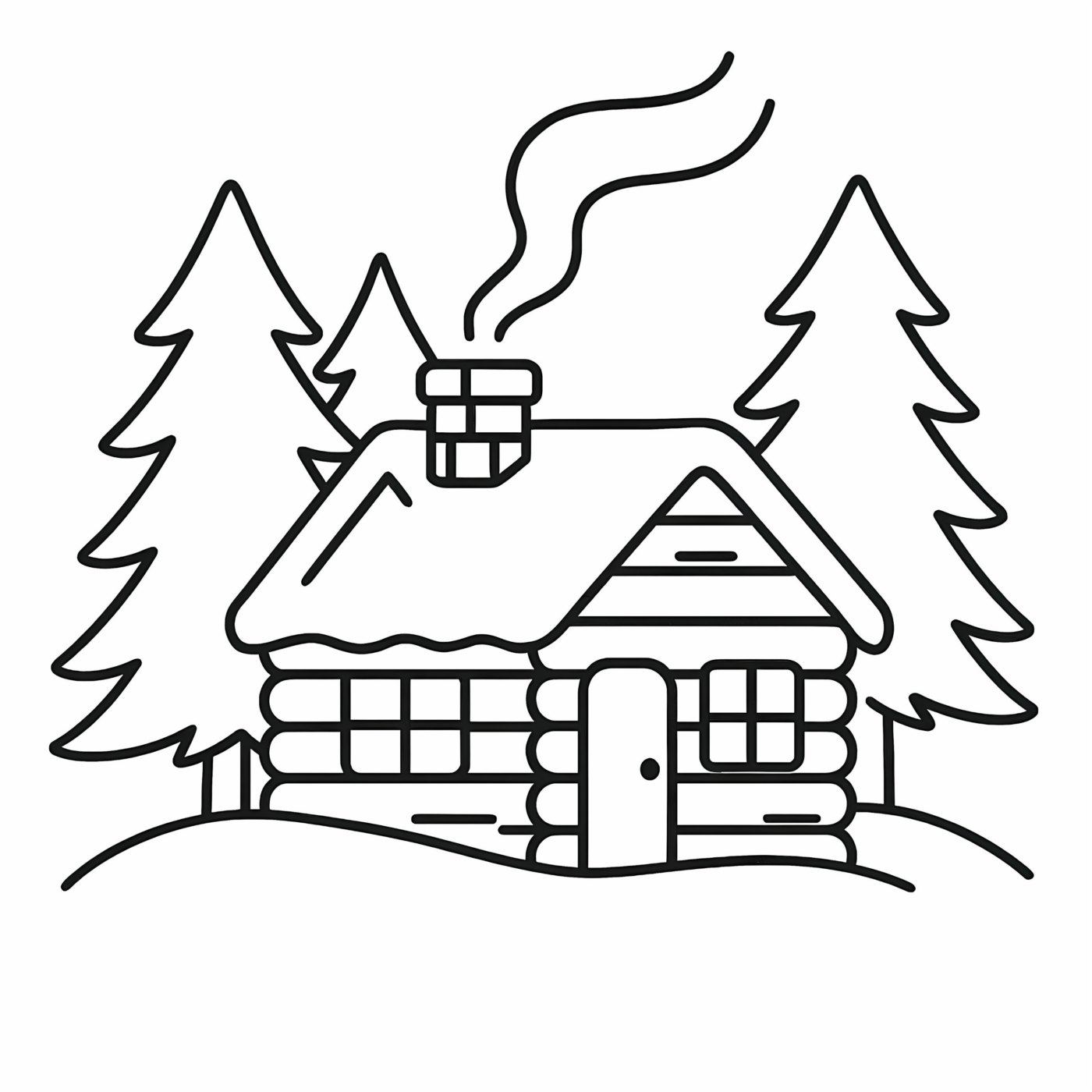A snow-covered log cabin with a smoking chimney between pine trees.