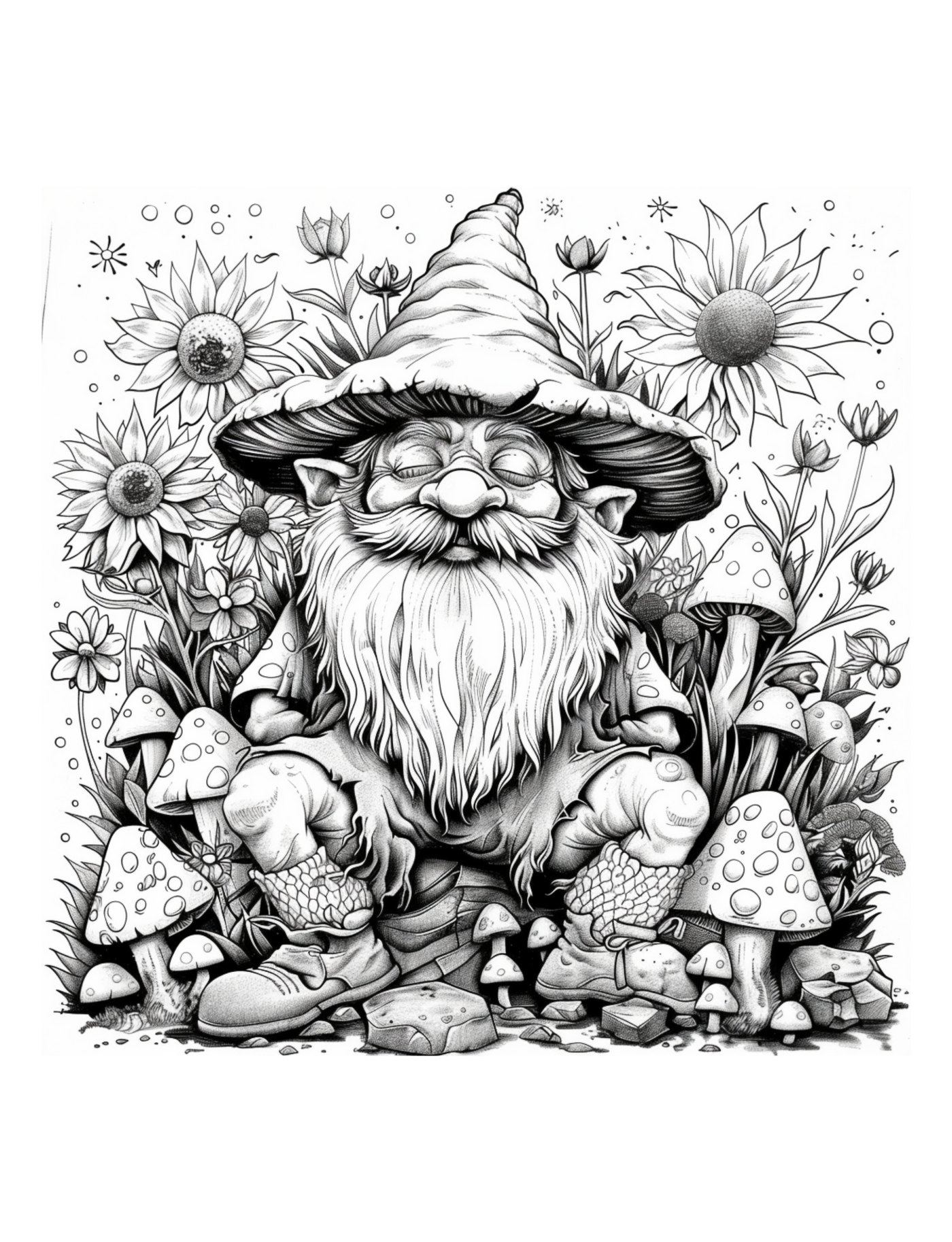 A bearded gnome in a pointed hat sits among sunflowers and spotted mushrooms.