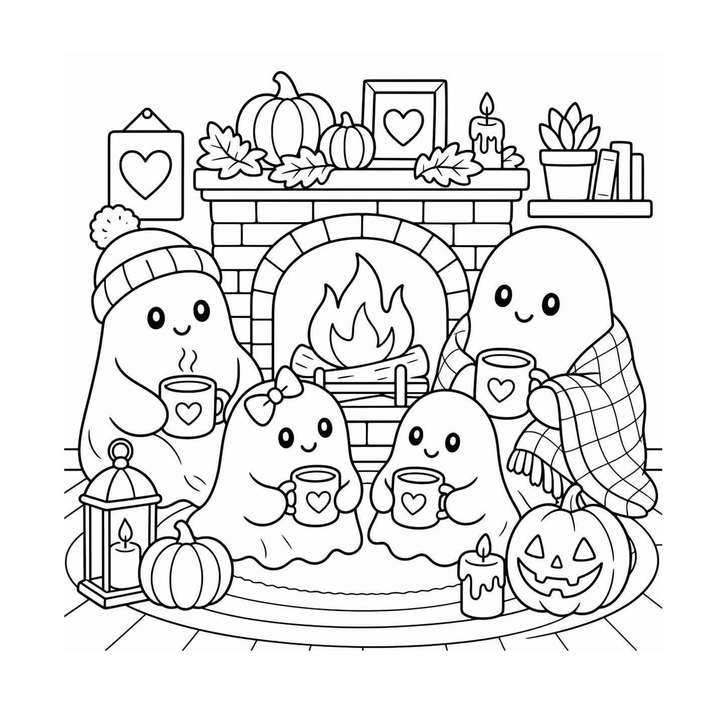 Four ghosts in knit hats share hot cocoa by a crackling fireplace decorated with pumpkins.