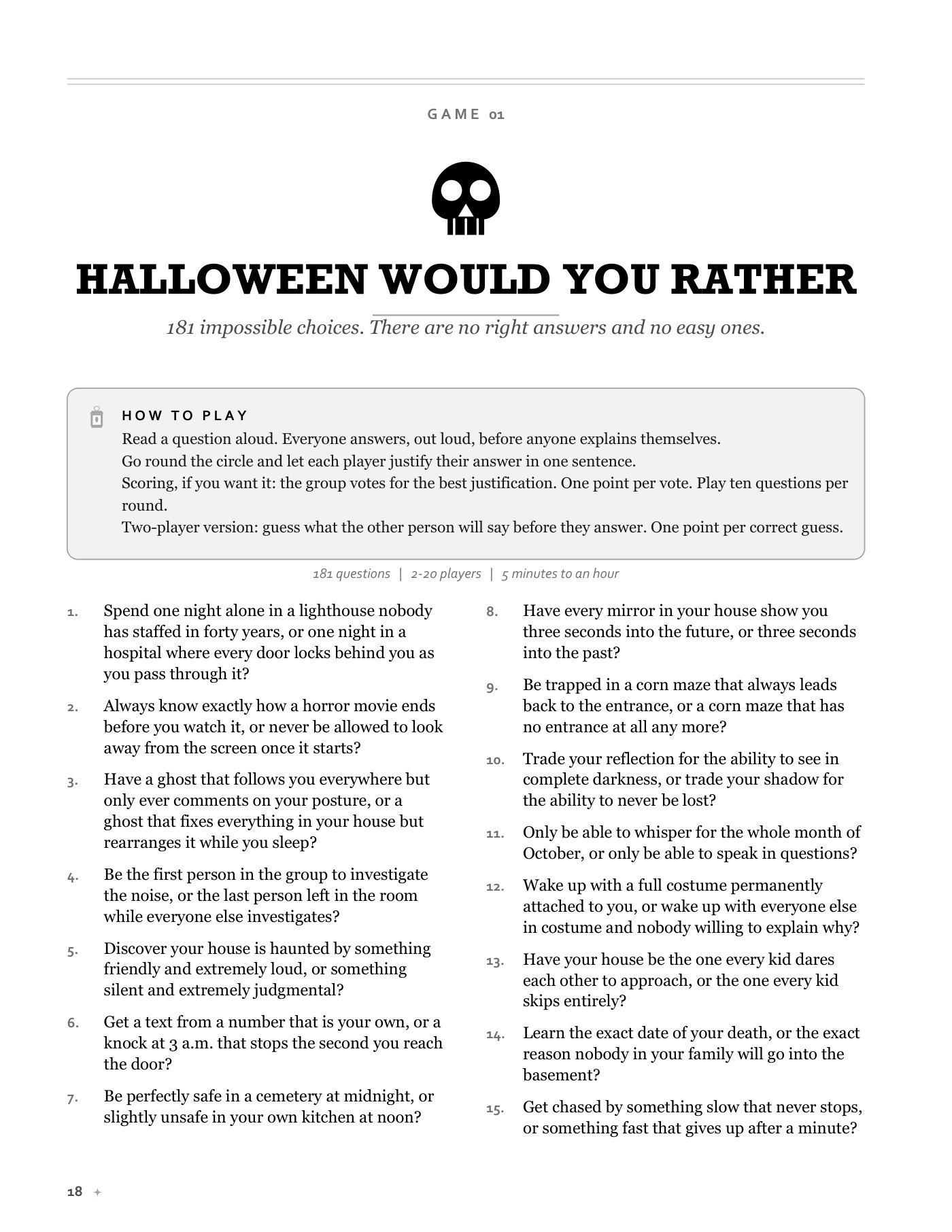 Game 01, Halloween Would You Rather: how-to-play rules and the first fifteen spooky either-or questions.