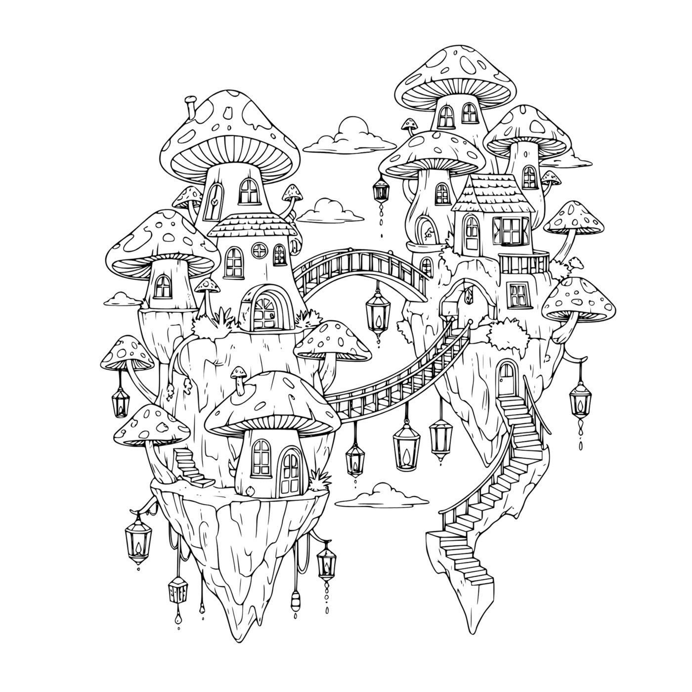 A village of mushroom houses on floating islands joined by a rope bridge, with lanterns hanging below.