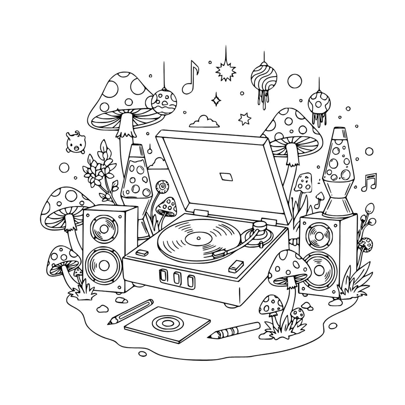 A record player and speakers surrounded by mushrooms, a lava lamp, music notes and stars.