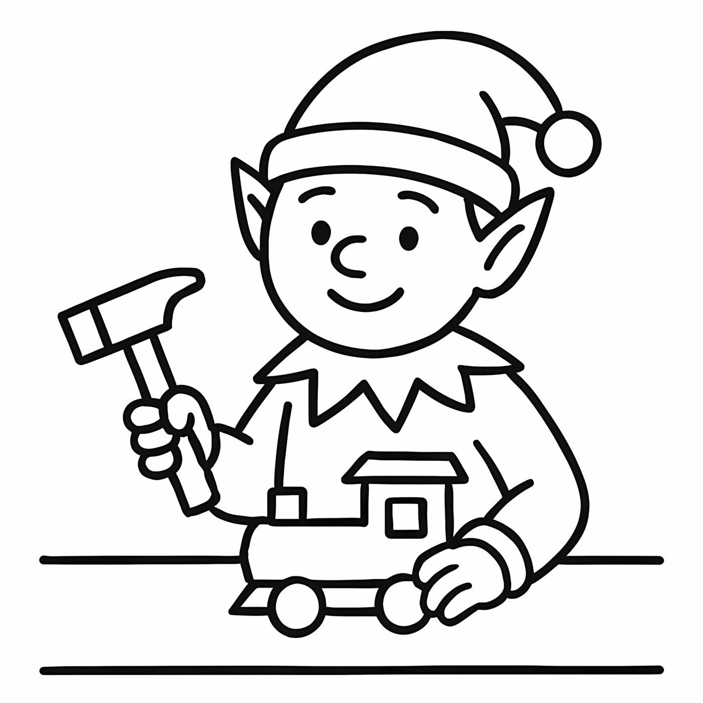 An elf in a striped hat hammering together a toy train.