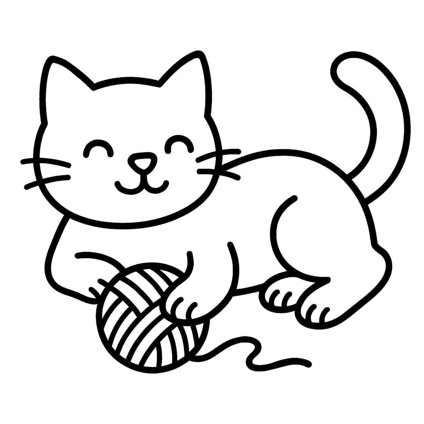 A smiling cat playing with a ball of yarn.