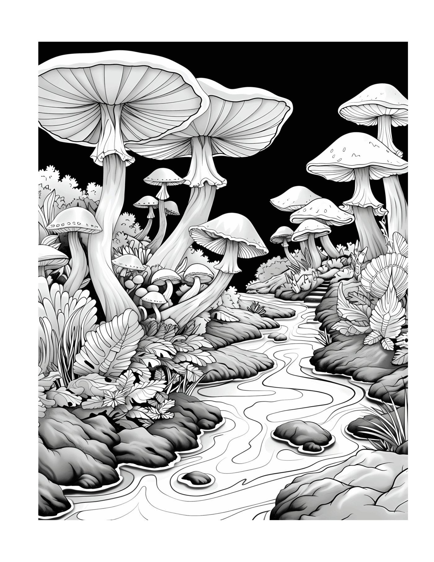A river winding between towering mushrooms and ferns under a black sky.