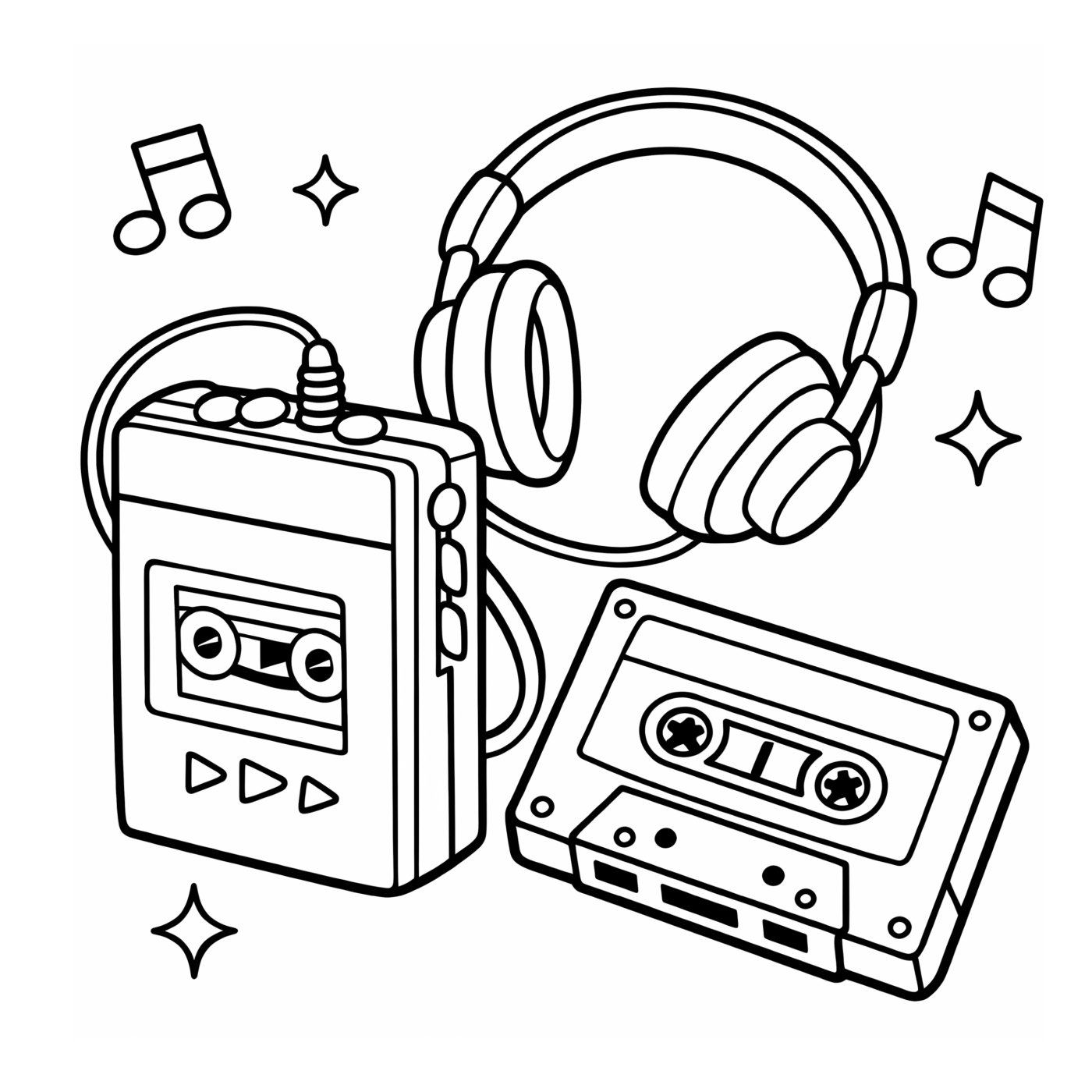 A portable cassette player with headphones and a cassette tape, surrounded by music notes.