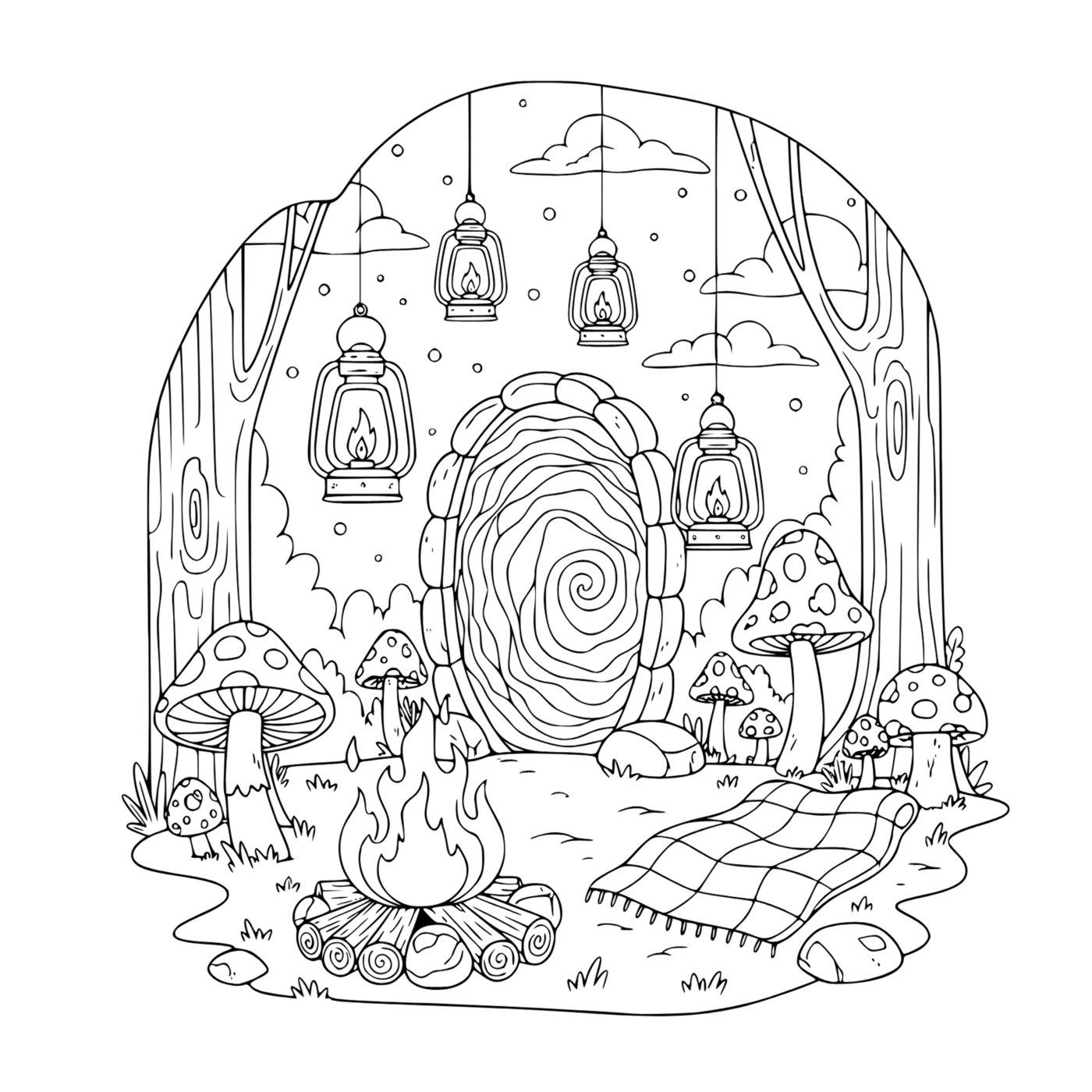 A swirling portal in a forest clearing with a campfire, lanterns and mushrooms.