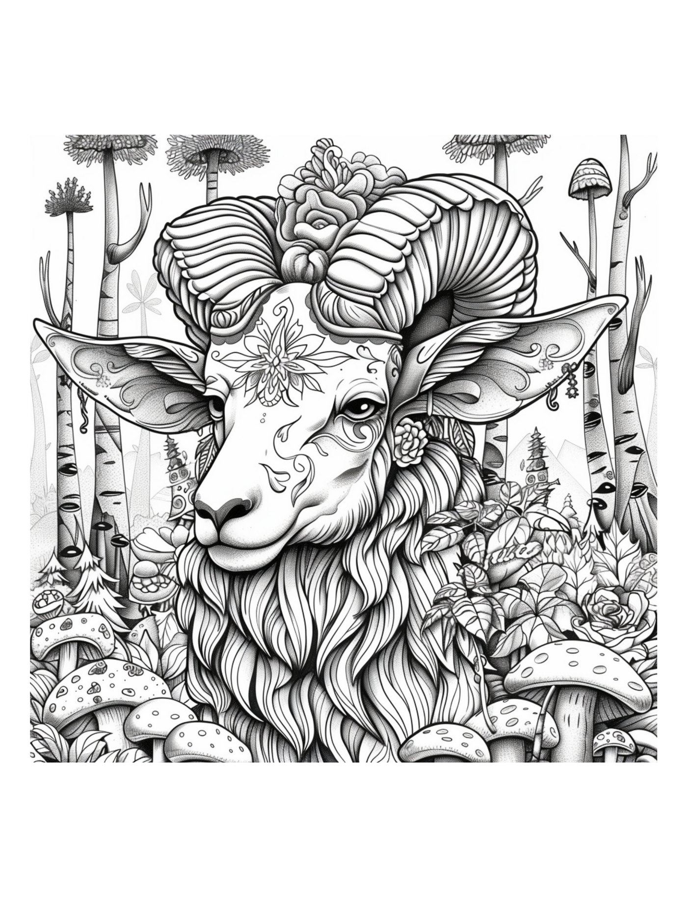 A ram with curling horns and ornamental patterns in a forest of birch trees and mushrooms.