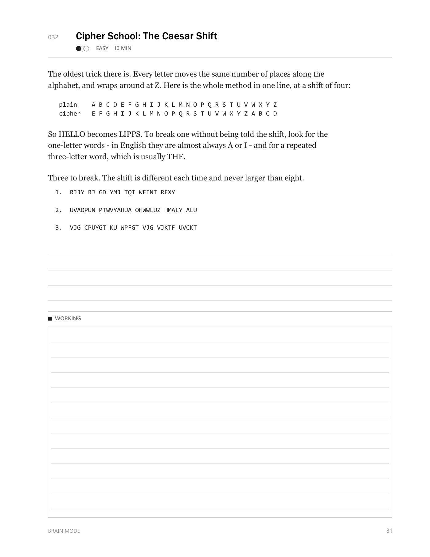 Brain Mode page, Cipher School: the Caesar shift explained with three coded sentences to crack and a working area.