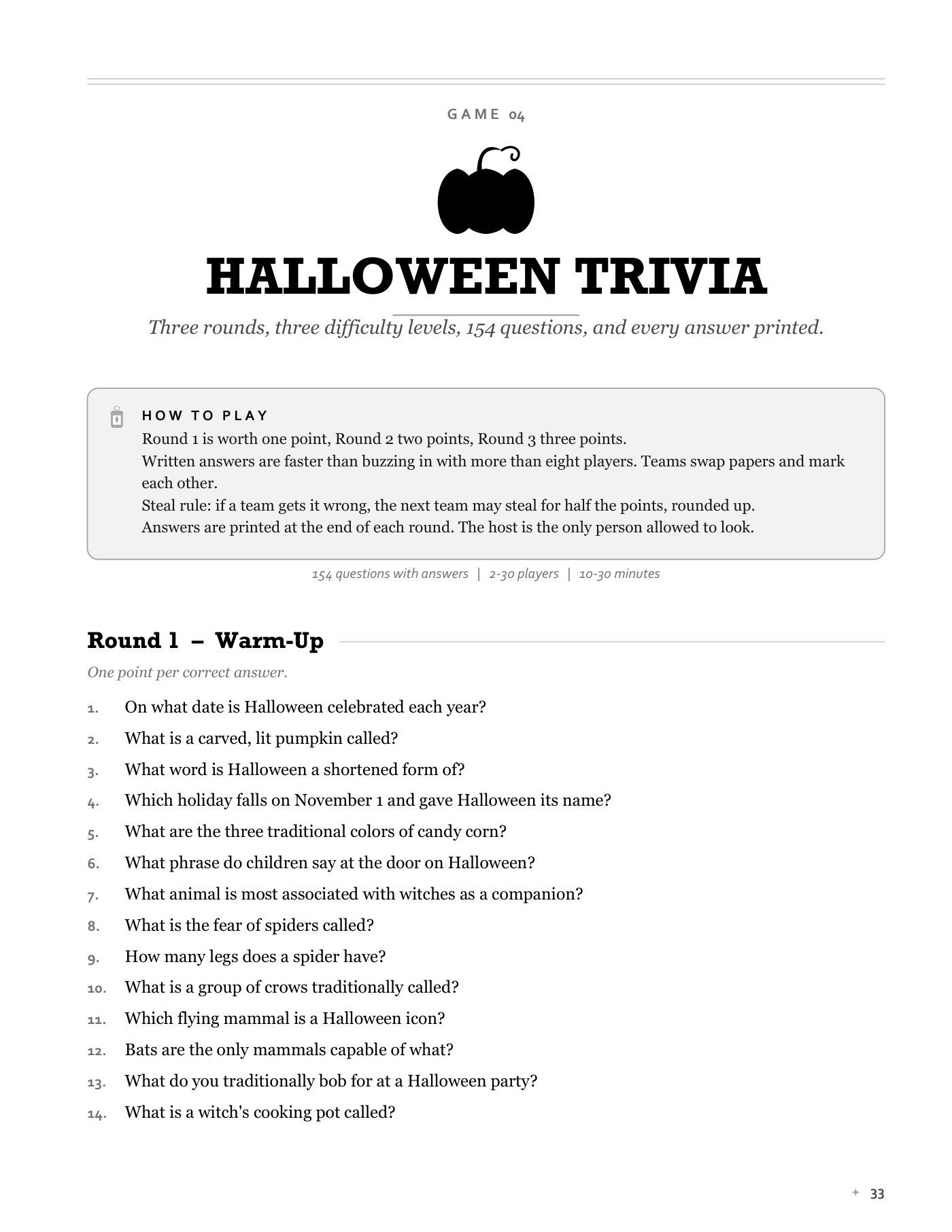 Game 04, Halloween Trivia: scoring rules and the Round 1 warm-up questions.