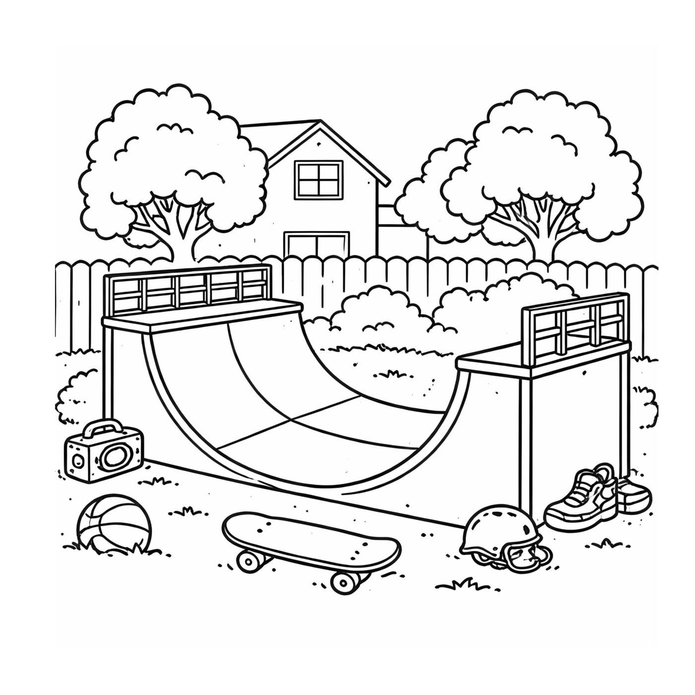 A backyard skate-park half-pipe with a skateboard, helmet and boombox.