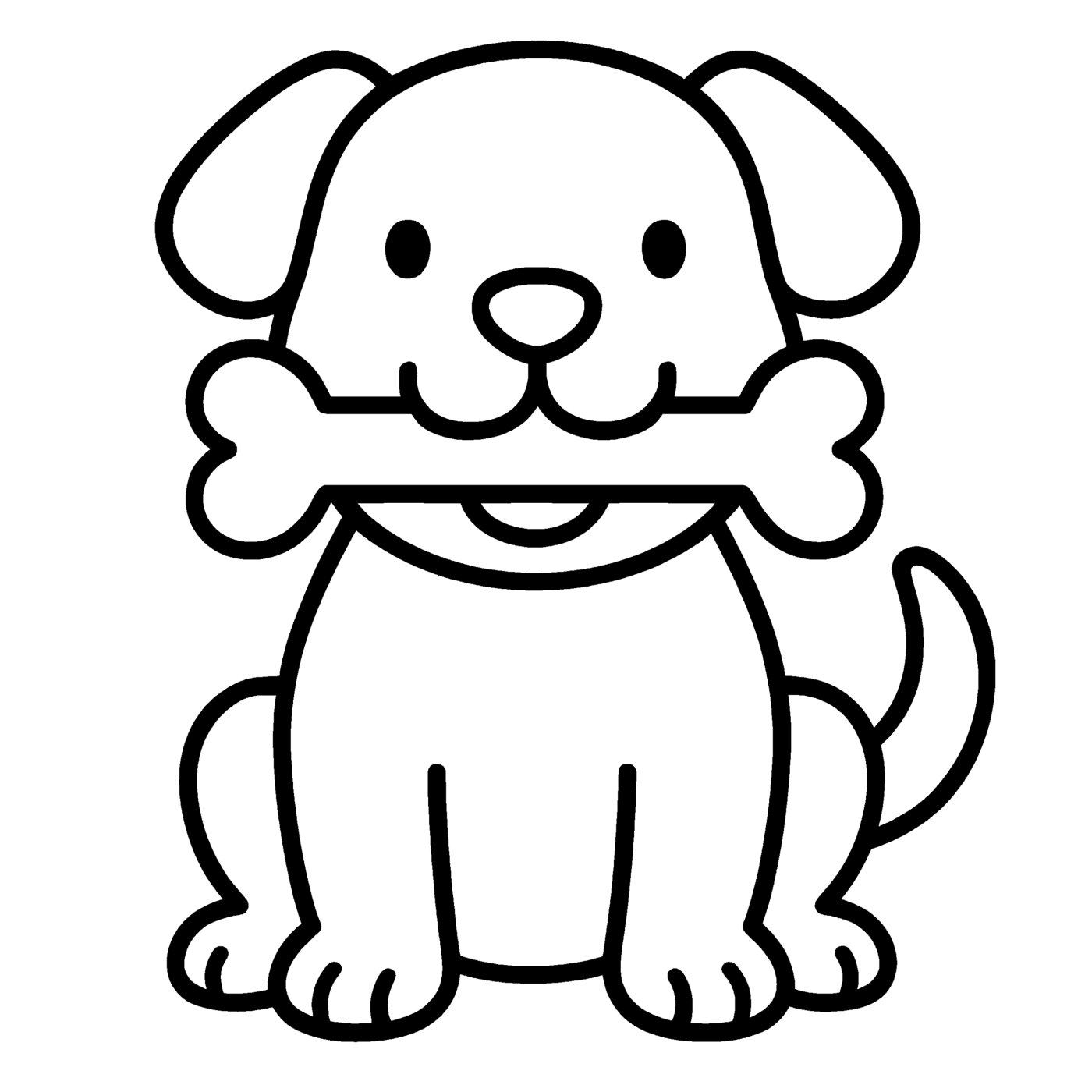 A happy puppy sitting with a bone in its mouth.