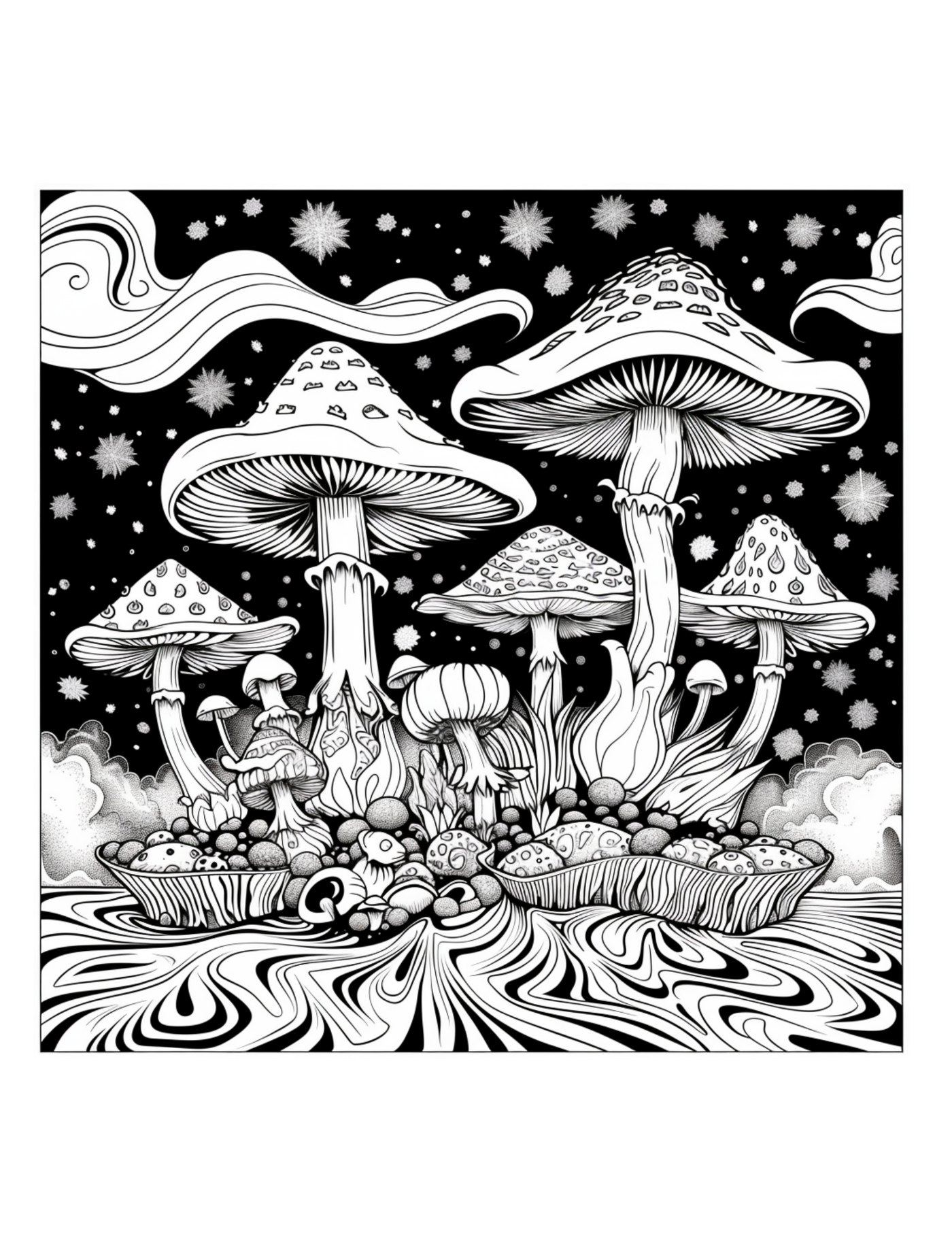 Tall mushrooms rise over a rippling, swirling landscape under a starry black sky.