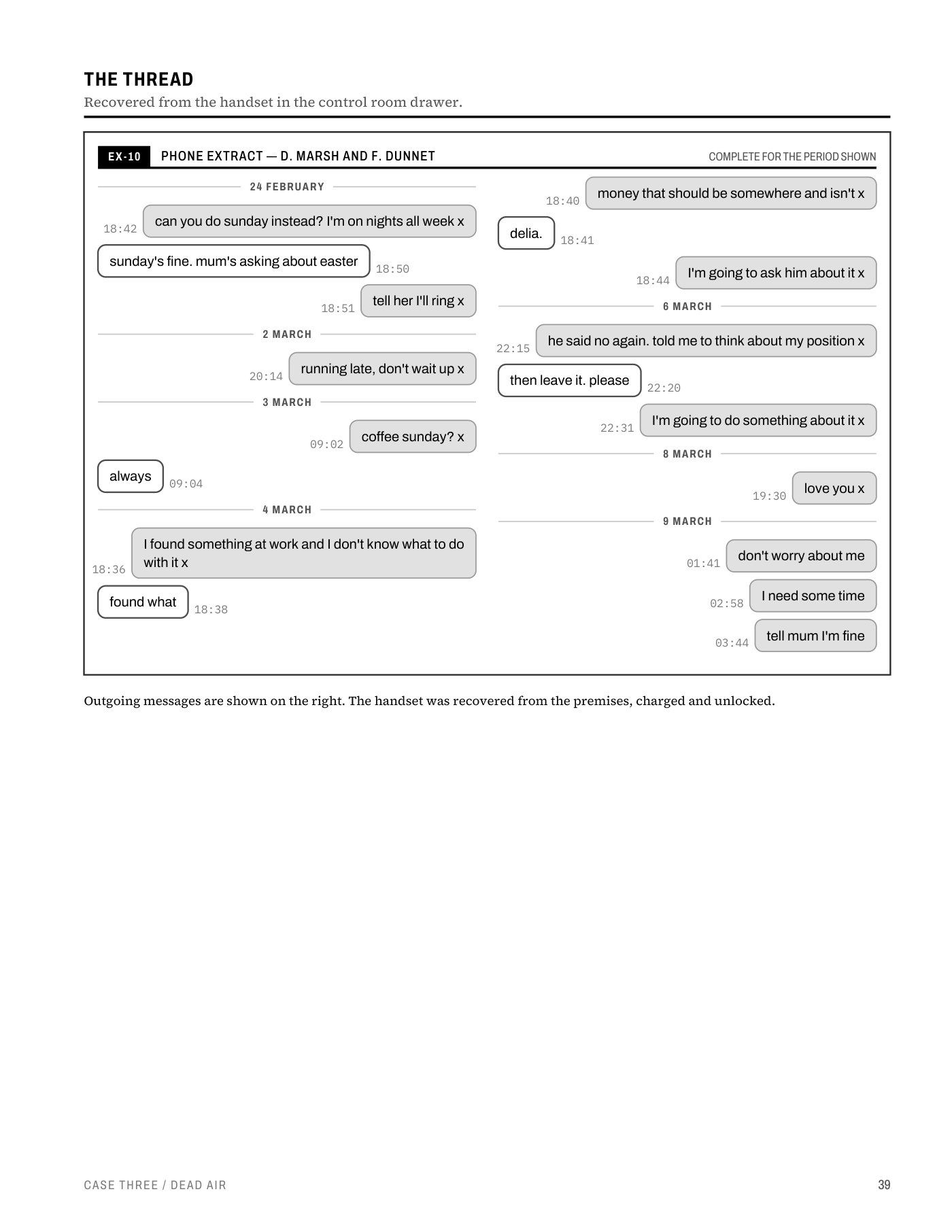 Case Three evidence: a recovered phone's text-message thread laid out as chat bubbles with timestamps.