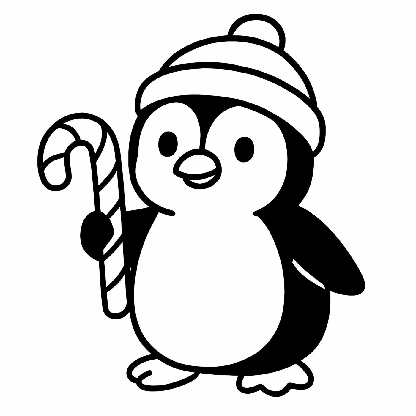 A penguin in a knit hat holding a candy cane.