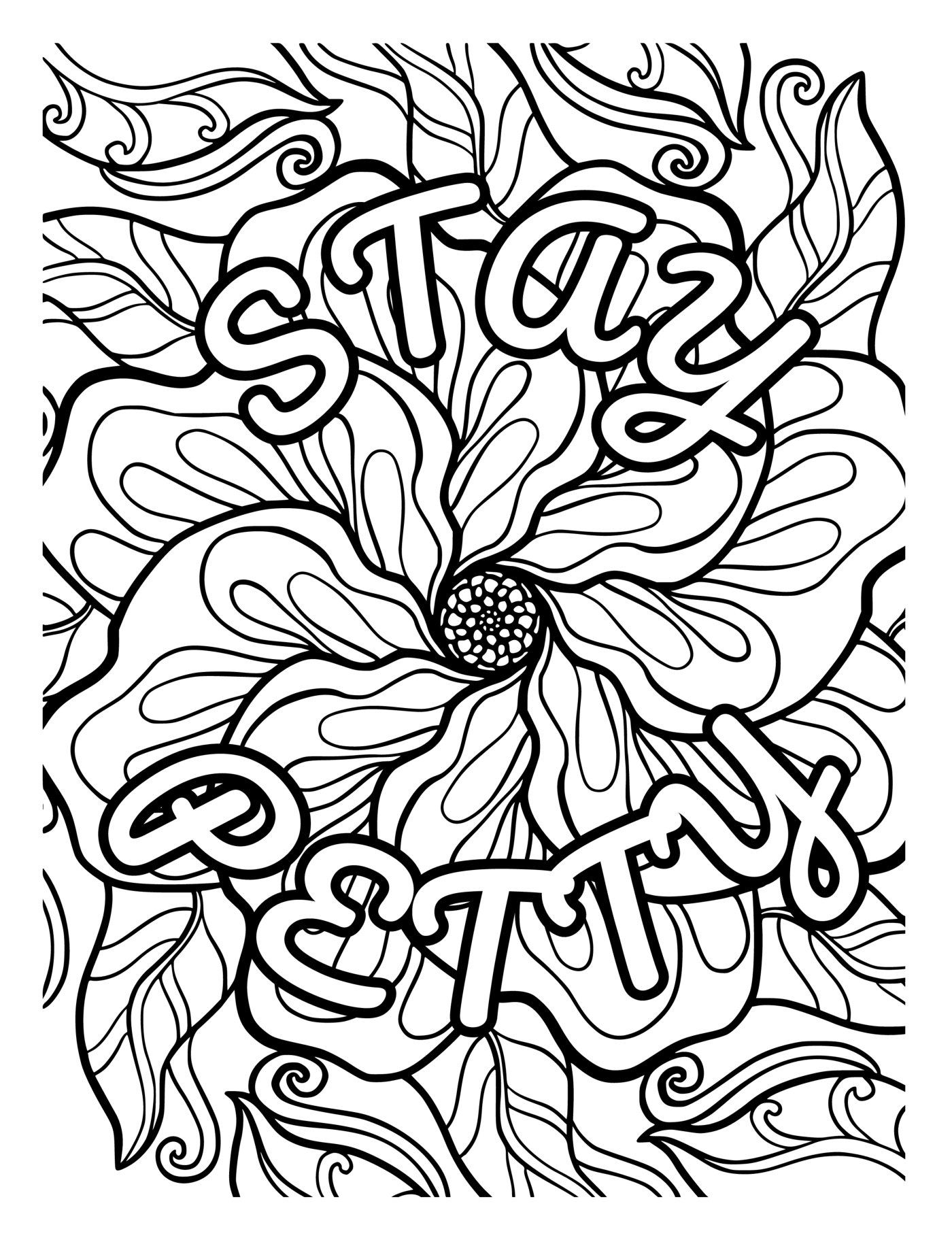 “Stay petty” in bubble letters over a large swirling flower.