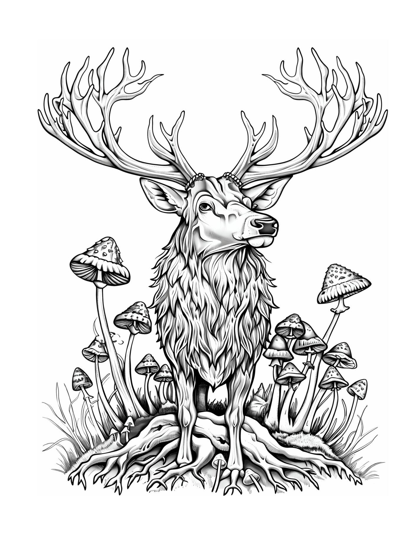 A stag with wide antlers standing among mushrooms on a root-covered mound.