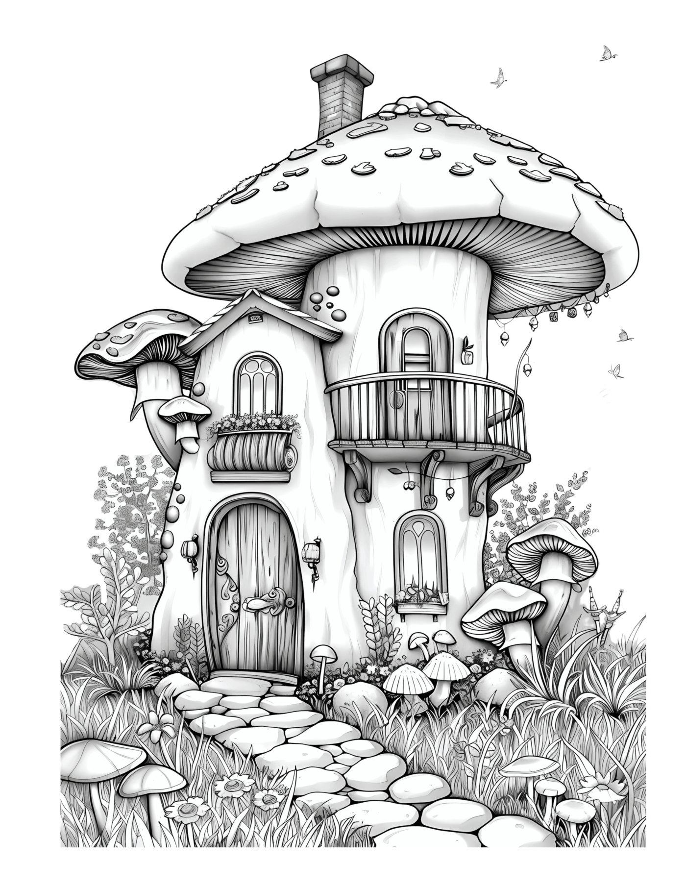 A mushroom-capped cottage with a balcony, arched door and stone path.