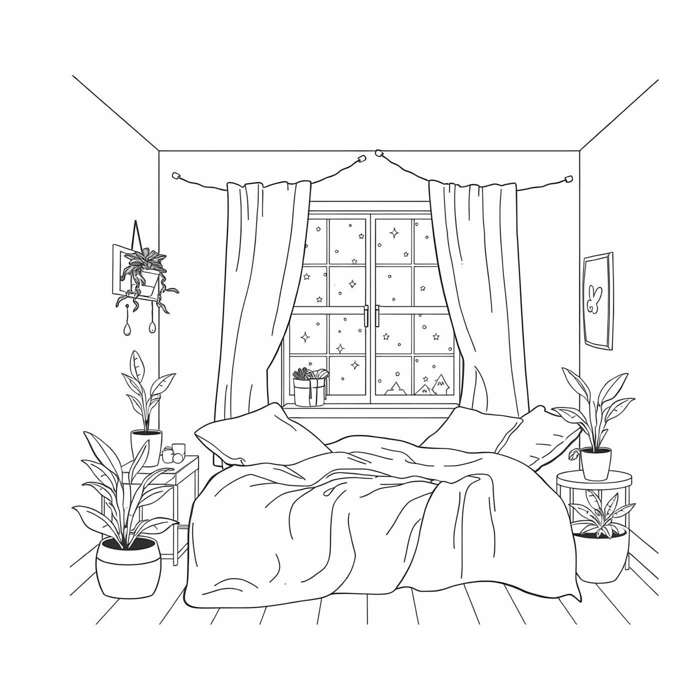A bedroom with a rumpled bed, potted plants and a snowy window framed by curtains.