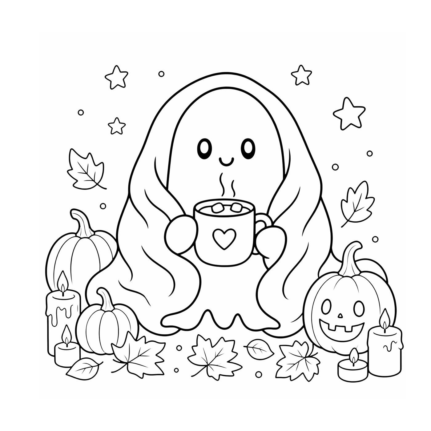 A ghost wrapped in a blanket holds a heart mug, surrounded by pumpkins, candles and autumn leaves.