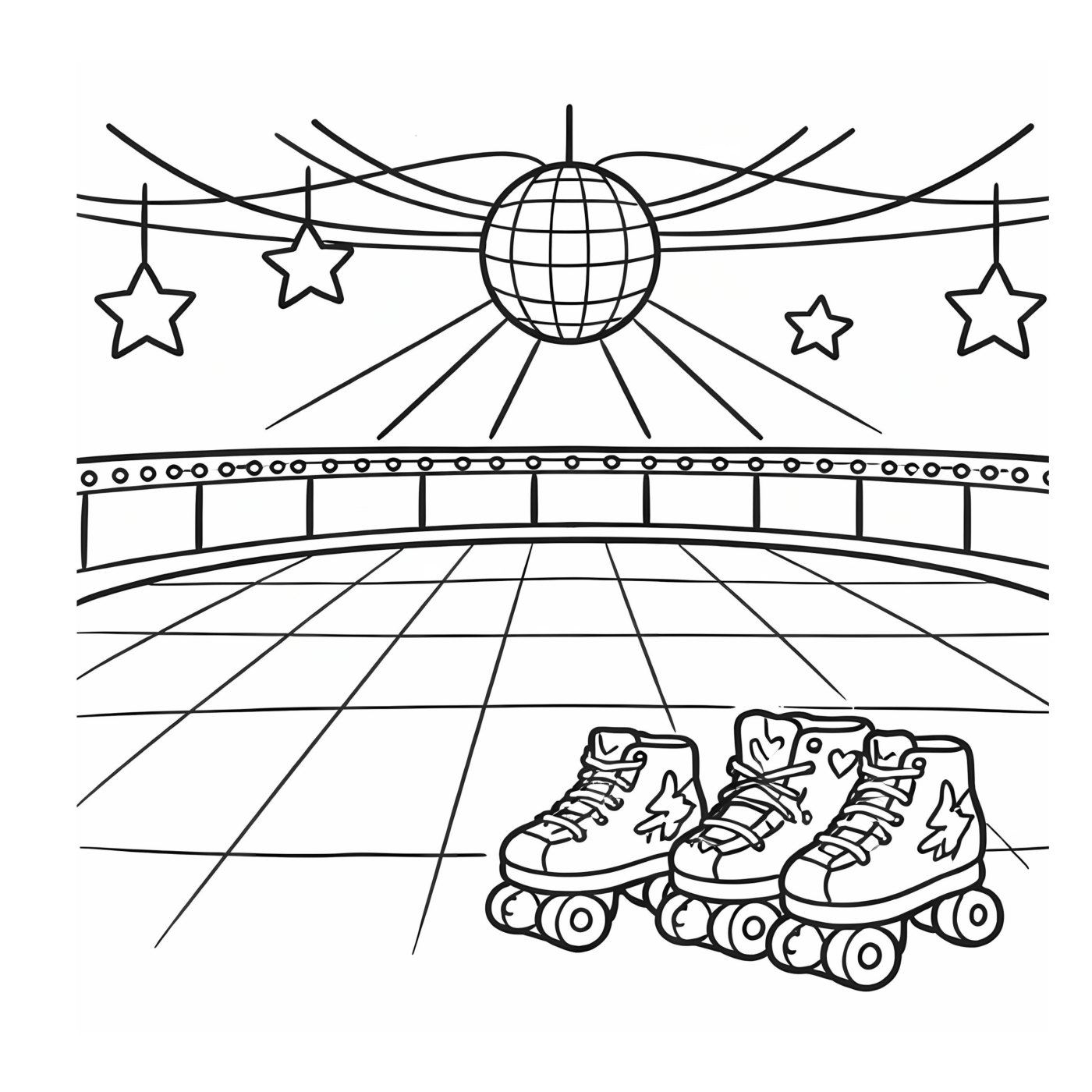 Roller skates on a rink floor beneath a disco ball and hanging stars.