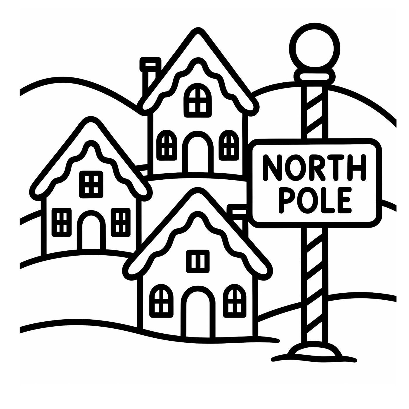 Snowy gingerbread-style houses beside a North Pole signpost.