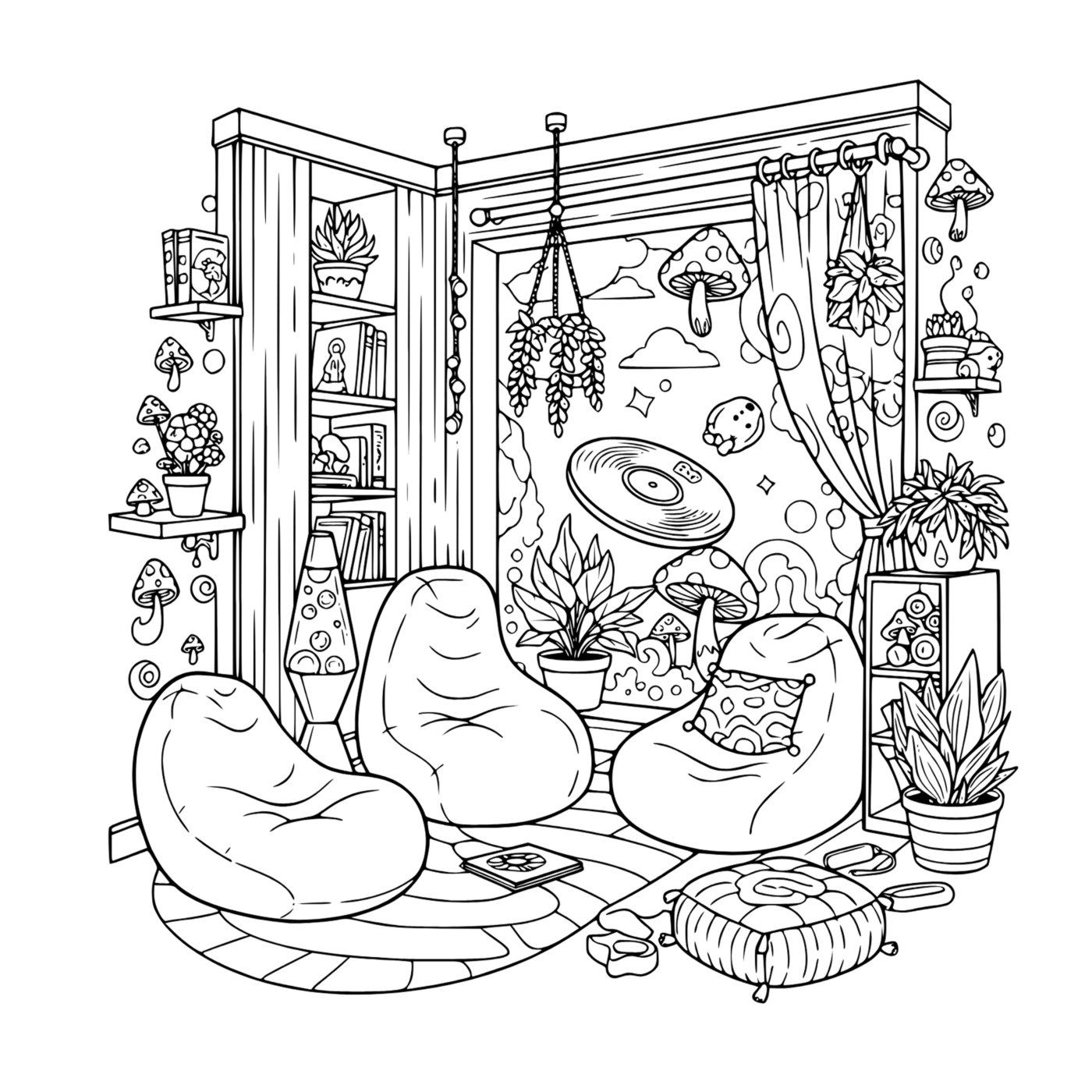 A cozy corner room with beanbag chairs, hanging plants, bookshelves and mushroom decor.