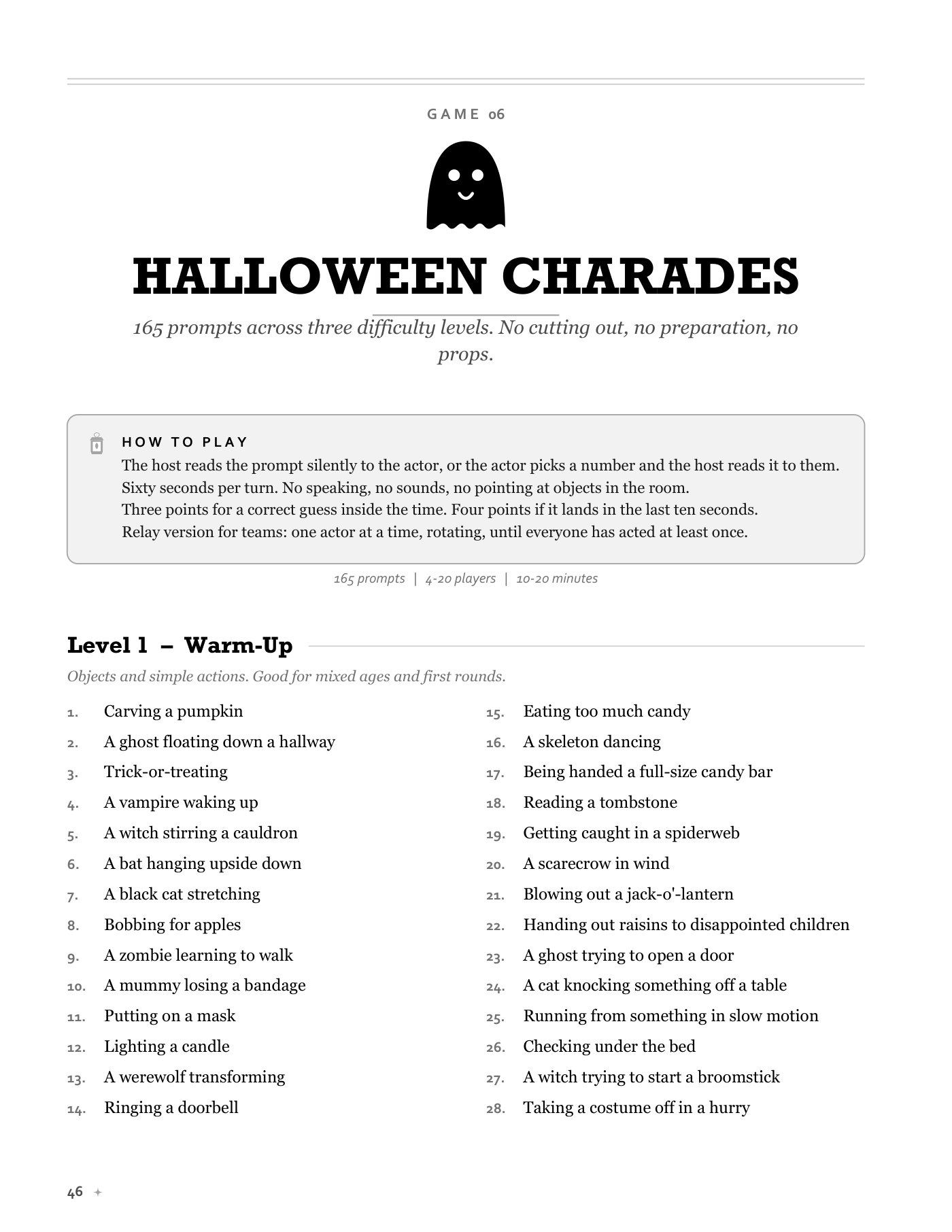 Game 06, Halloween Charades: rules and a two-column list of warm-up prompts like carving a pumpkin and a ghost floating down a hallway.